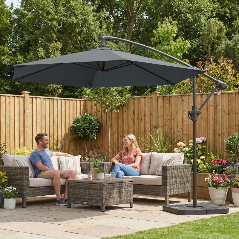 9.7 ft Offset Patio Umbrella with Water/Sand Fillable Weights, Garden Hanging Parasol with Locking Latch, Dark Grey