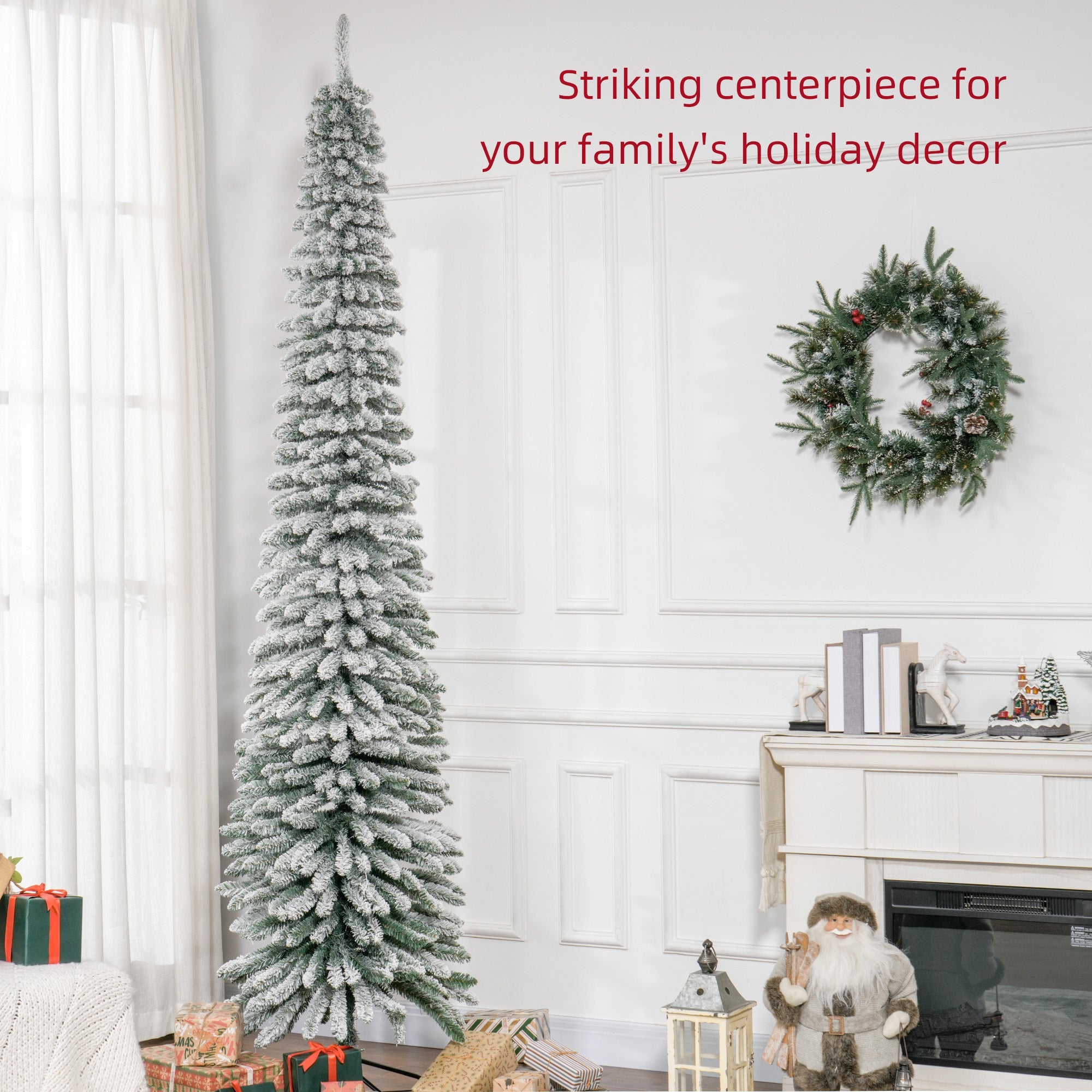 HOMCOM 9ft Snow-Flocked Artificial Christmas Tree, Slim Pencil Xmas Tree with 714 Realistic Branches, Metal Base, Green