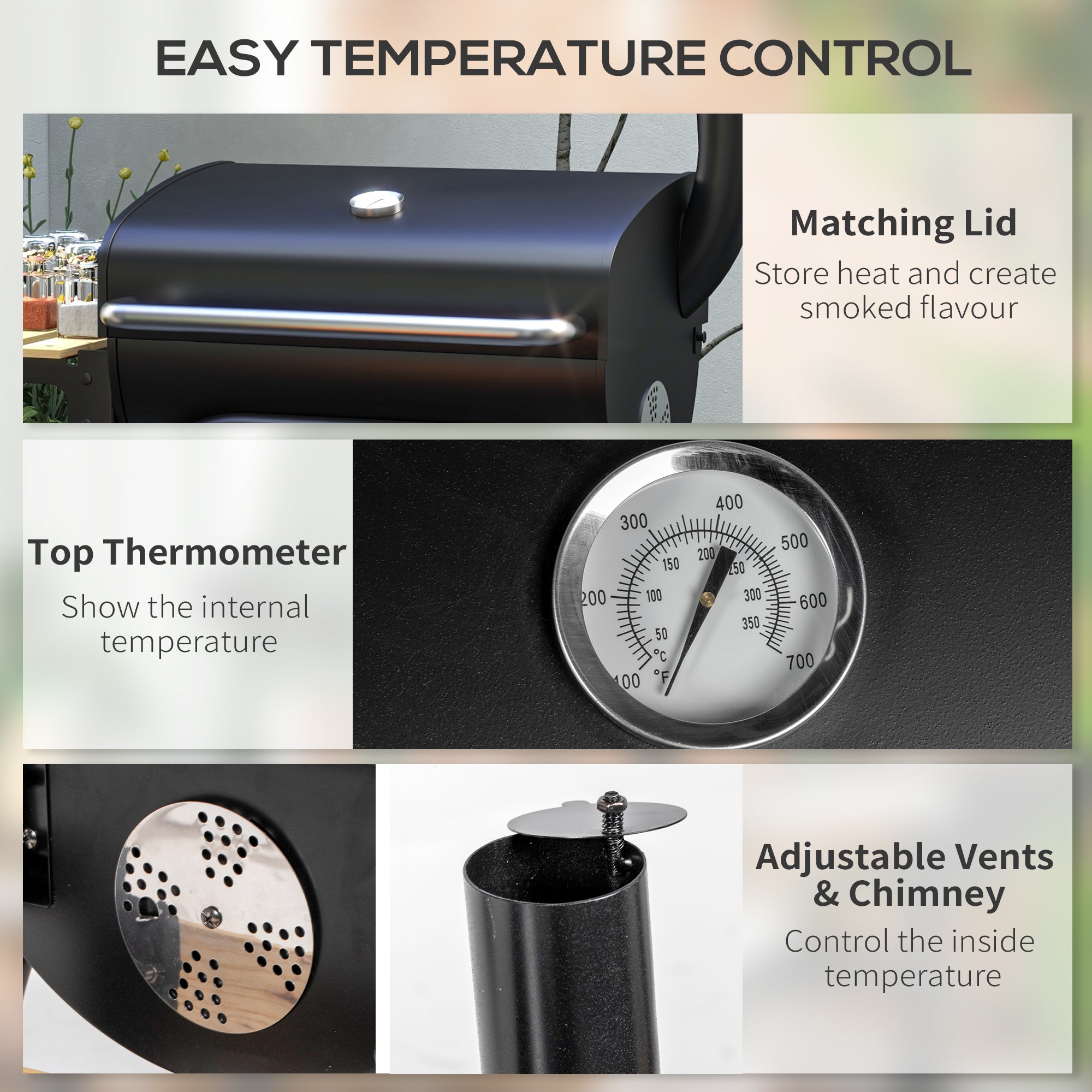 Outsunny Charcoal Barbecue Grill, BBQ with Thermometer, Shelves and Wheels, Black