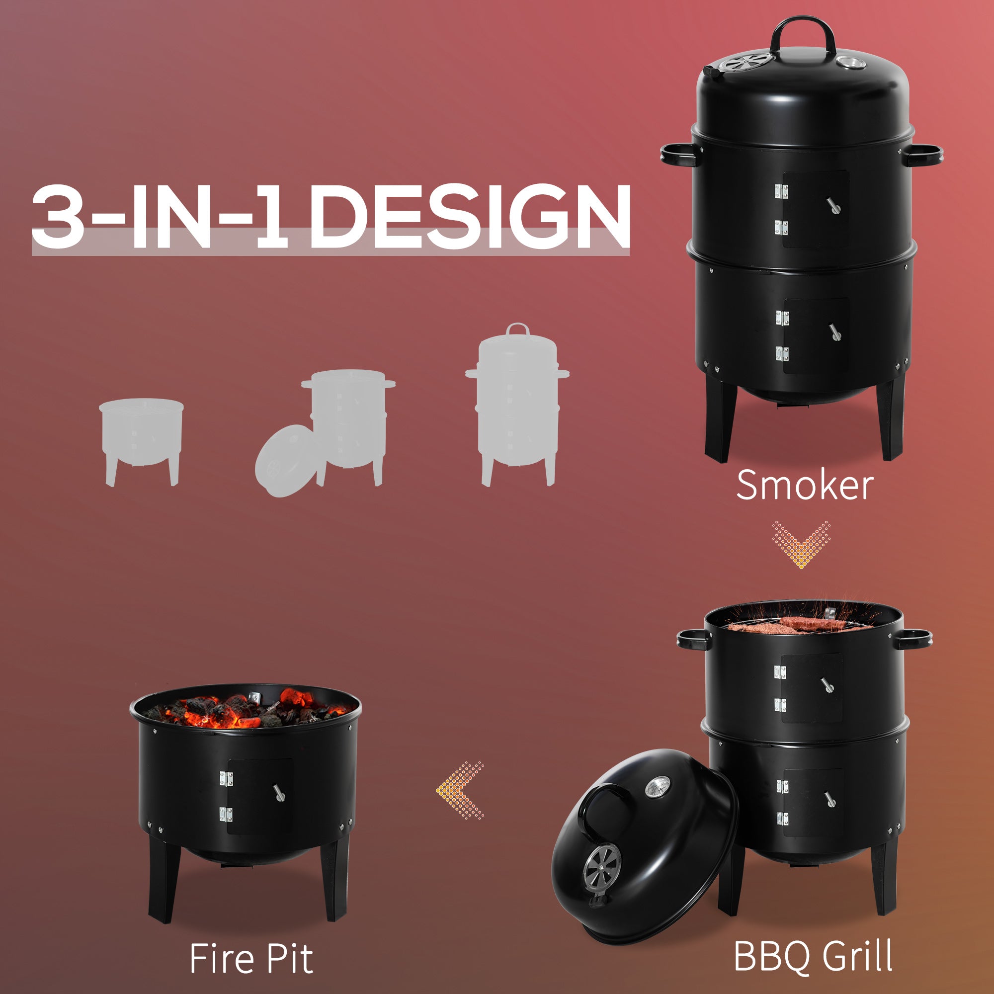 Outsunny Vertical Charcoal BBQ Smoker 3-in-1, 16" Round Barbecue Grill with Dual Cooking Areas, Thermometer, Black