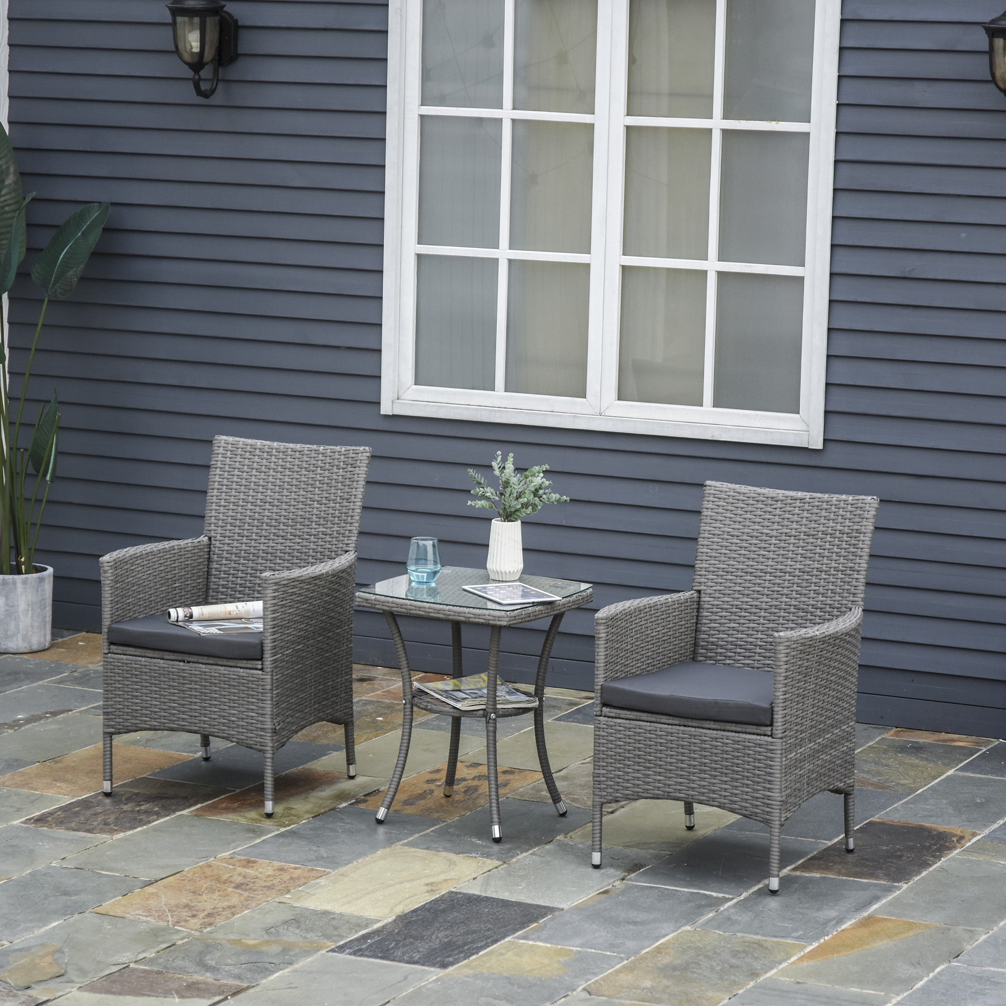 Outsunny 3PC Rattan Patio Bistro Set - Outdoor Furniture with Armchairs, Glass Coffee Table, Grey