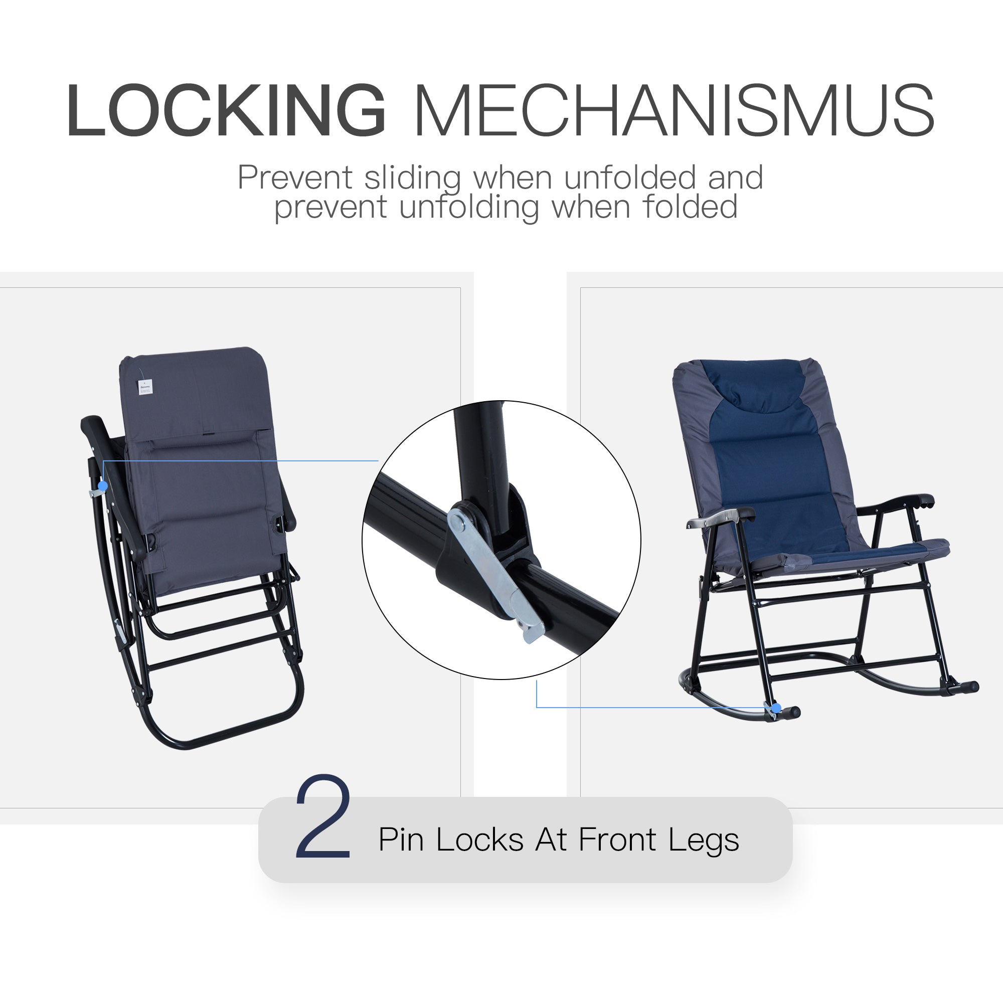 Outsunny Folding Rocking Chair Set 2 Pack Padded with Armrest Navy Blue Grey for Outdoor Comfort