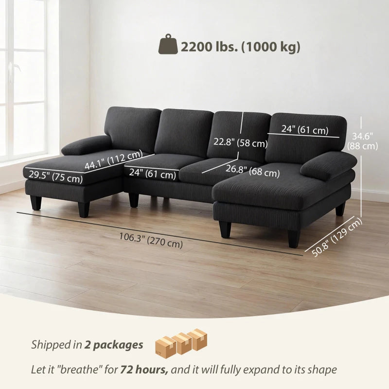 Sectional Sofa, U Shaped Couch with Double Chaise, Pillow-top Armrests and Spring Cushions, 2200lb Capacity, Dark Grey