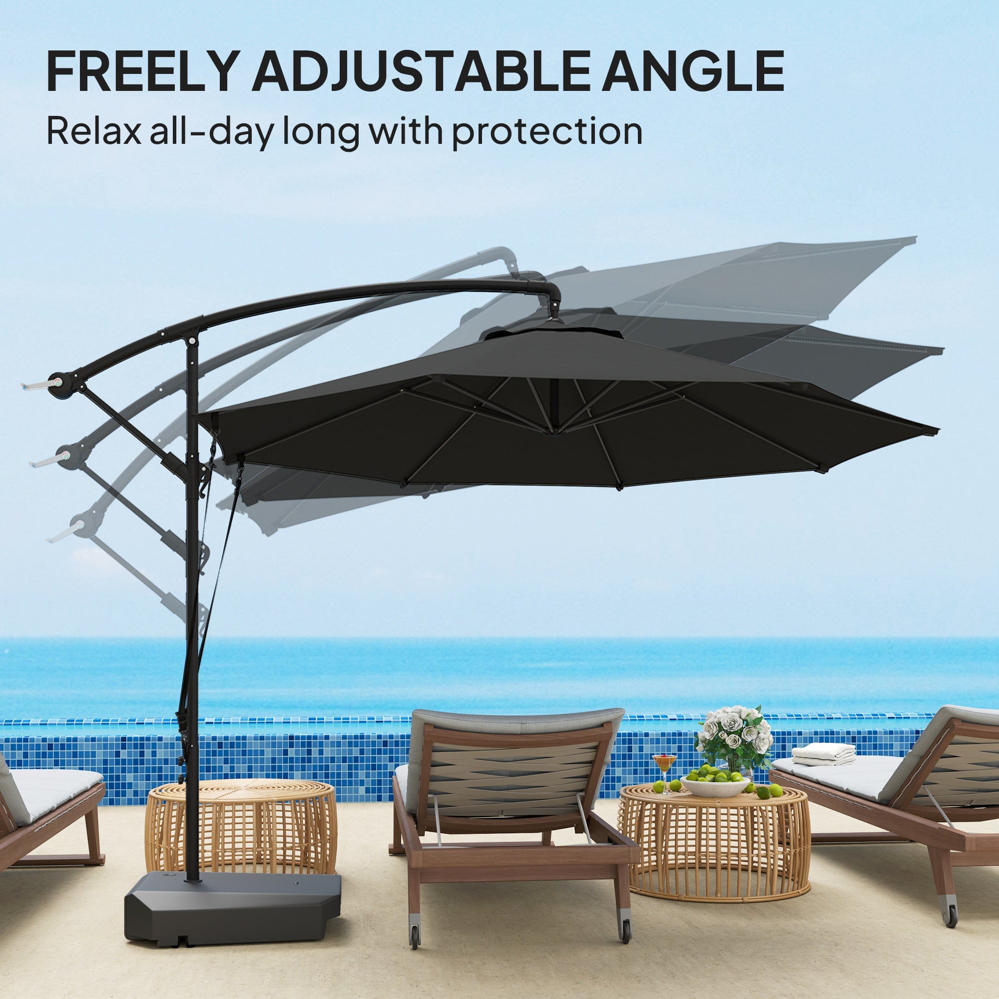 Outsunny 10FT Cantilever Umbrella with Fillable Base, Wind Strap and Cover, Offset Hanging Umbrella with Crank, UPF50+, Grey