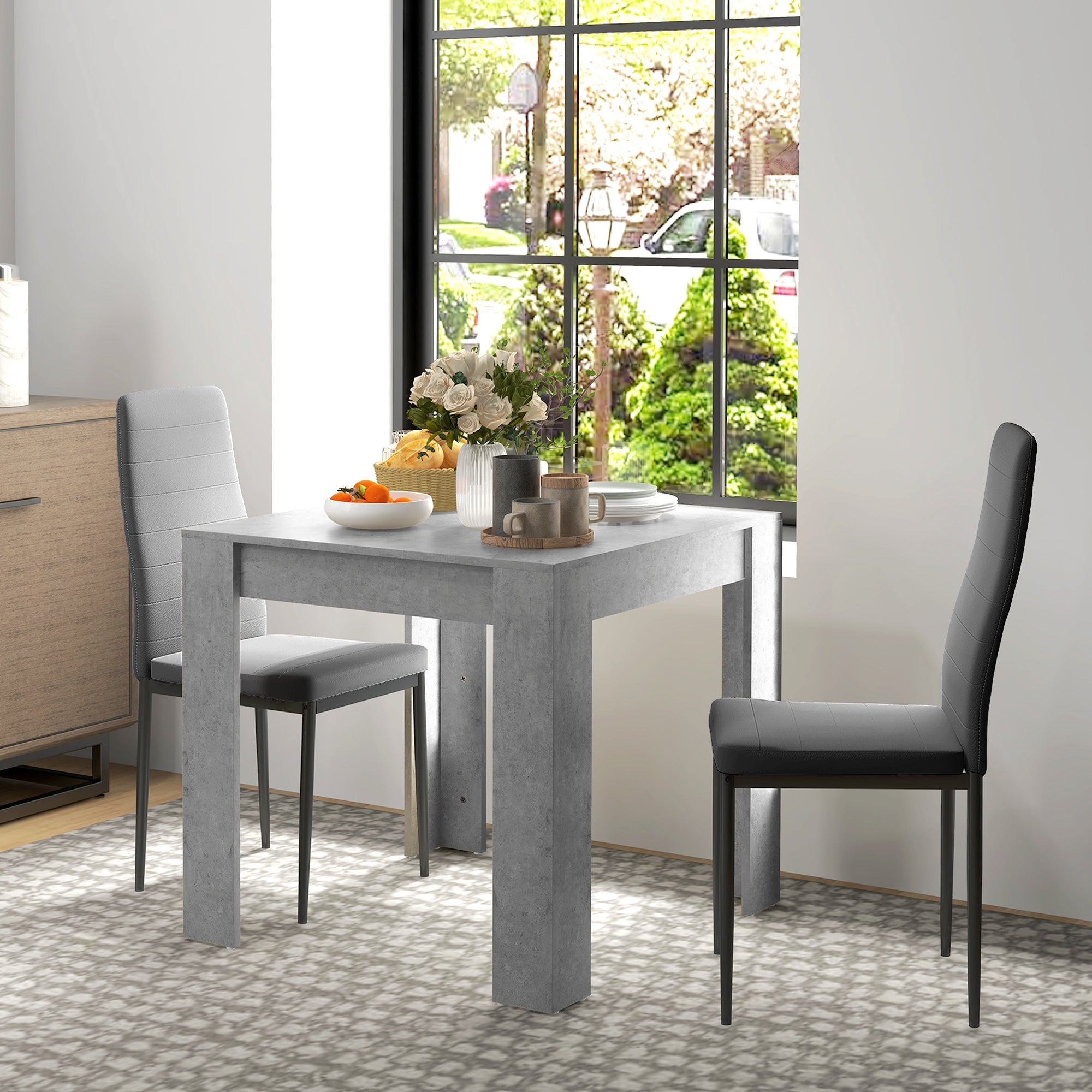 HOMCOM 2-Person Dining Set Square Faux Cement Table PU Leather Chairs Compact Kitchen Furniture for Small Spaces