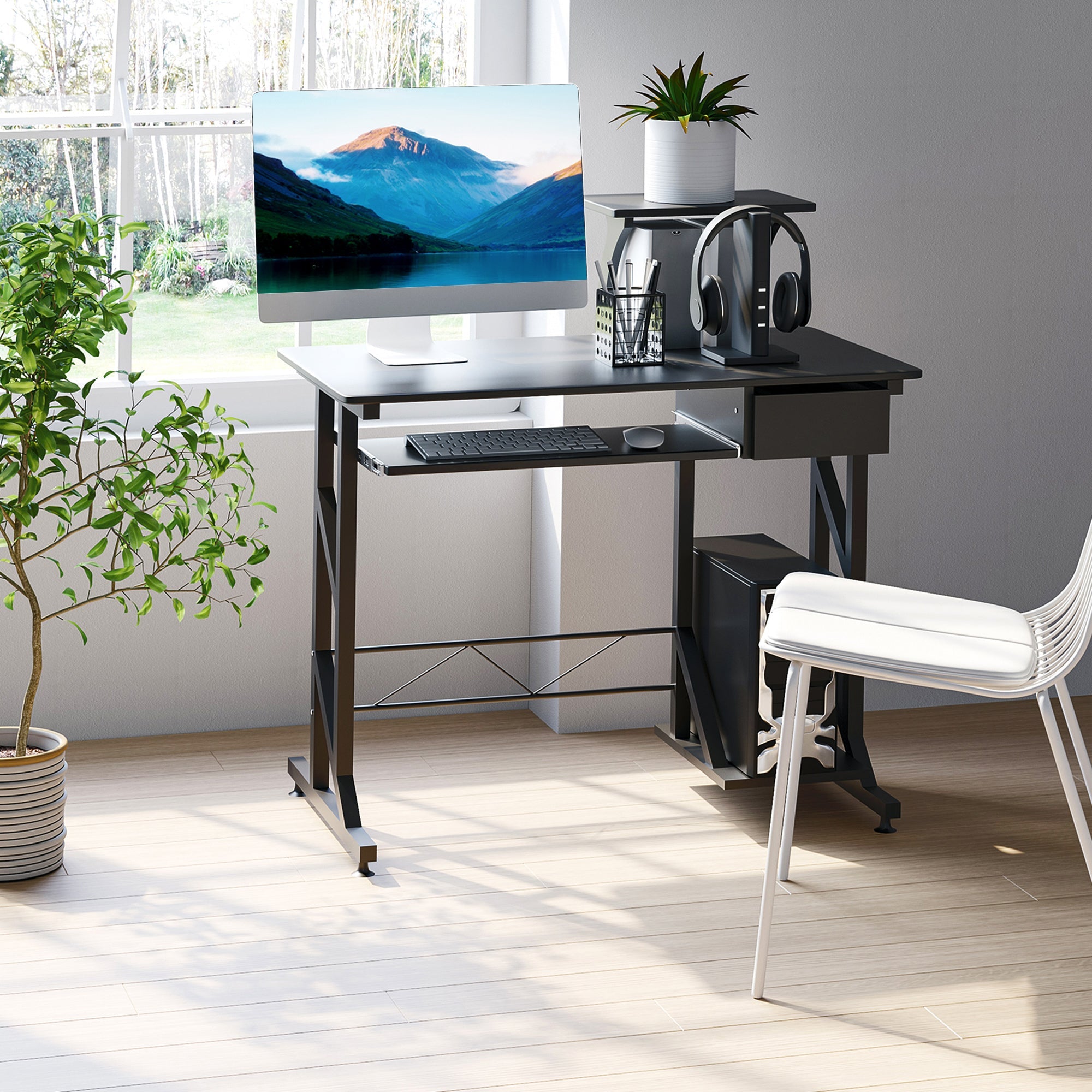 HOMCOM Compact Computer Desk with Keyboard Tray & Drawer in Black 35.4"Lx19.7"Wx37.4"H