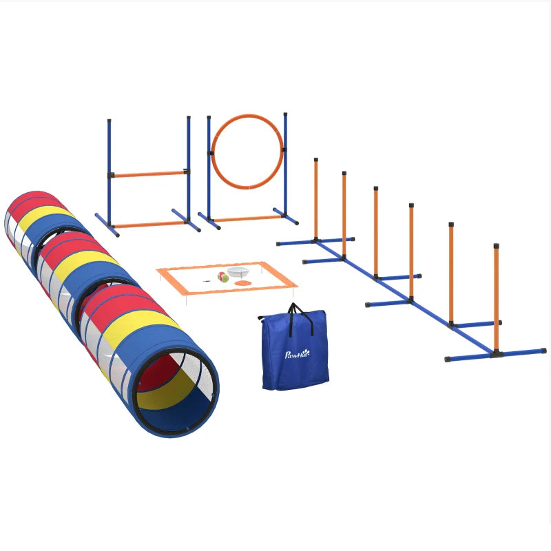 Dog Agility Training Equipment, 11-Piece Dog Obstacle Course with Adjustable Hurdle & Ring, 3 Tunnels, Weave Poles