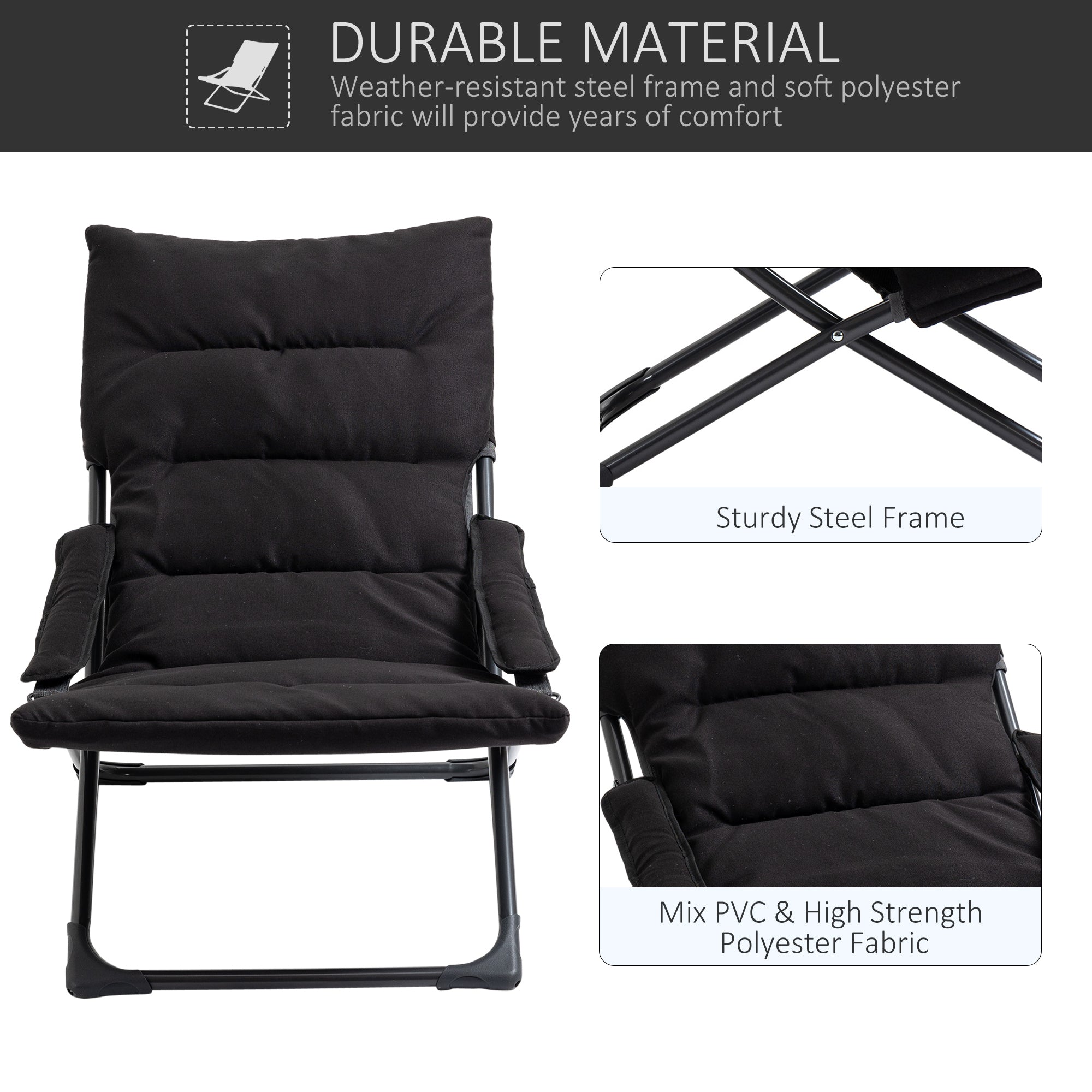 Outsunny Folding Lounge Chair, Mesh Fabric Lounger with Thick Padded Cushion and Armrest, Camping Beach Chair, Black