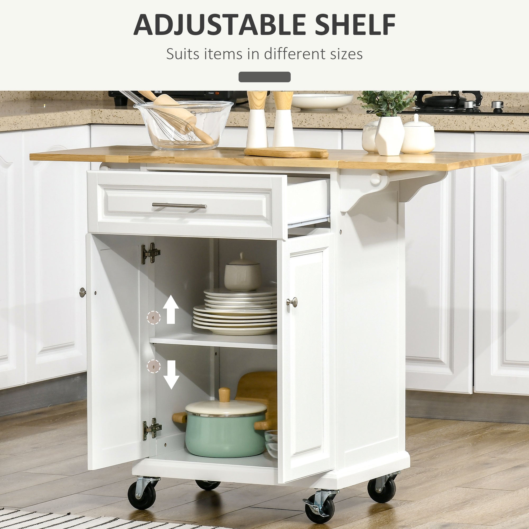 HOMCOM Extendable Kitchen Cart: Rolling Island with Counter, Drawer, Cabinet, Towel Rack for Dining & Kitchen Use