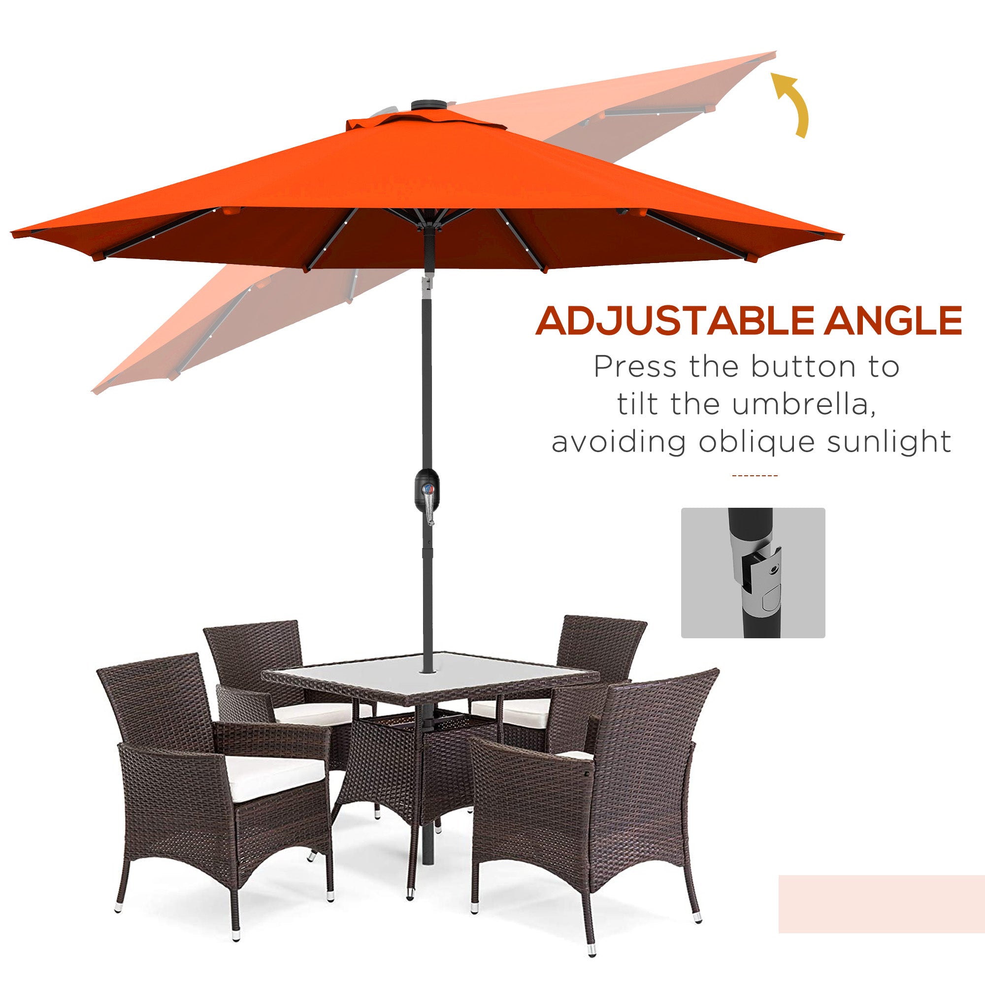 Outsunny 9ft Solar Patio Umbrella Outdoor Sunshade 24 LED Lights Tilt Canopy Orange