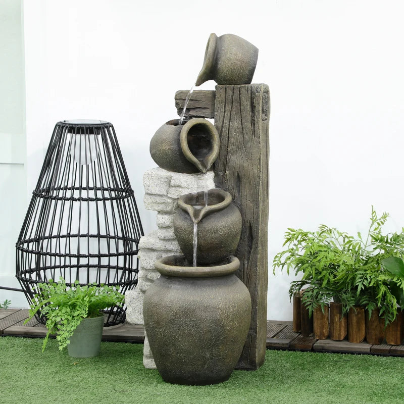 Wine Jars Outdoor Waterfall Fountain with Adjustable Flow, 4-Tier Rustic Resin Cascading Water Fountain, Decorative Backyard Water Feature for Zen Garden, Deck, Porch
