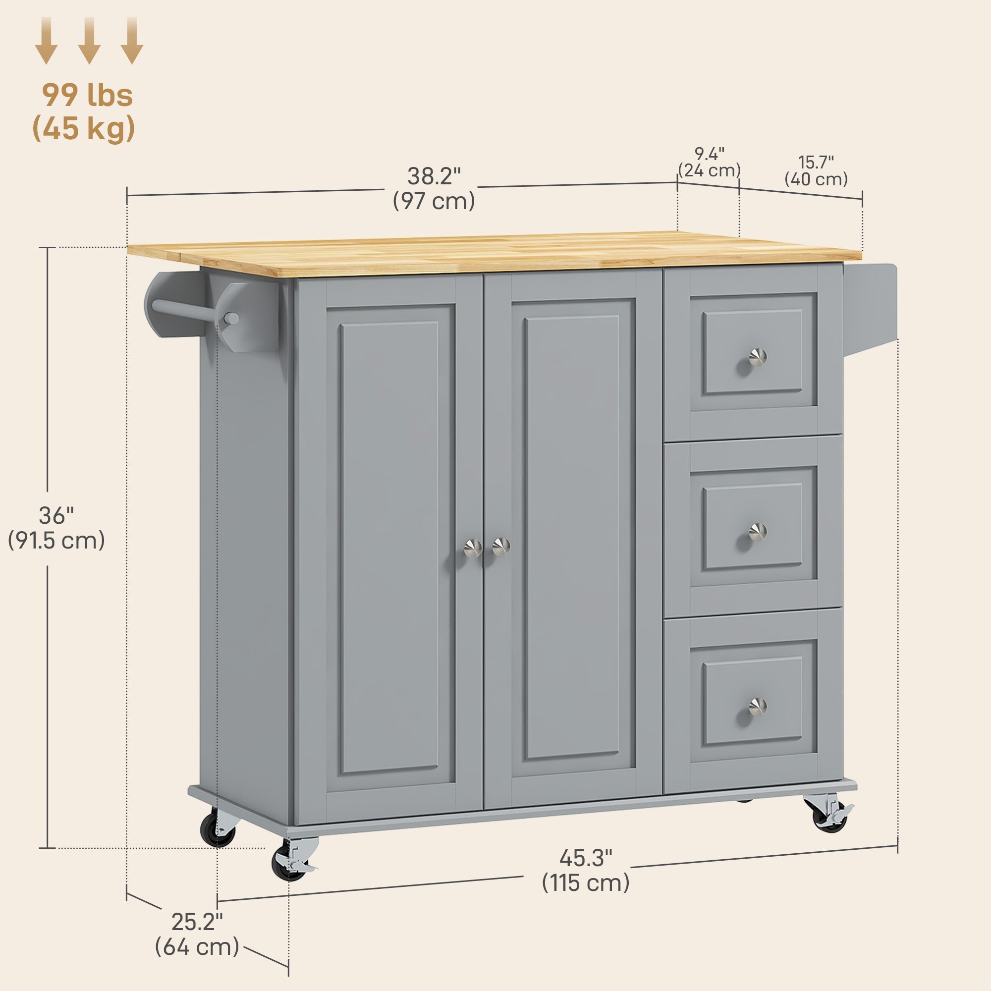 HOMCOM Kitchen Island on Wheels, Kitchen Cart with Drop Leaf, Drawers, Grey