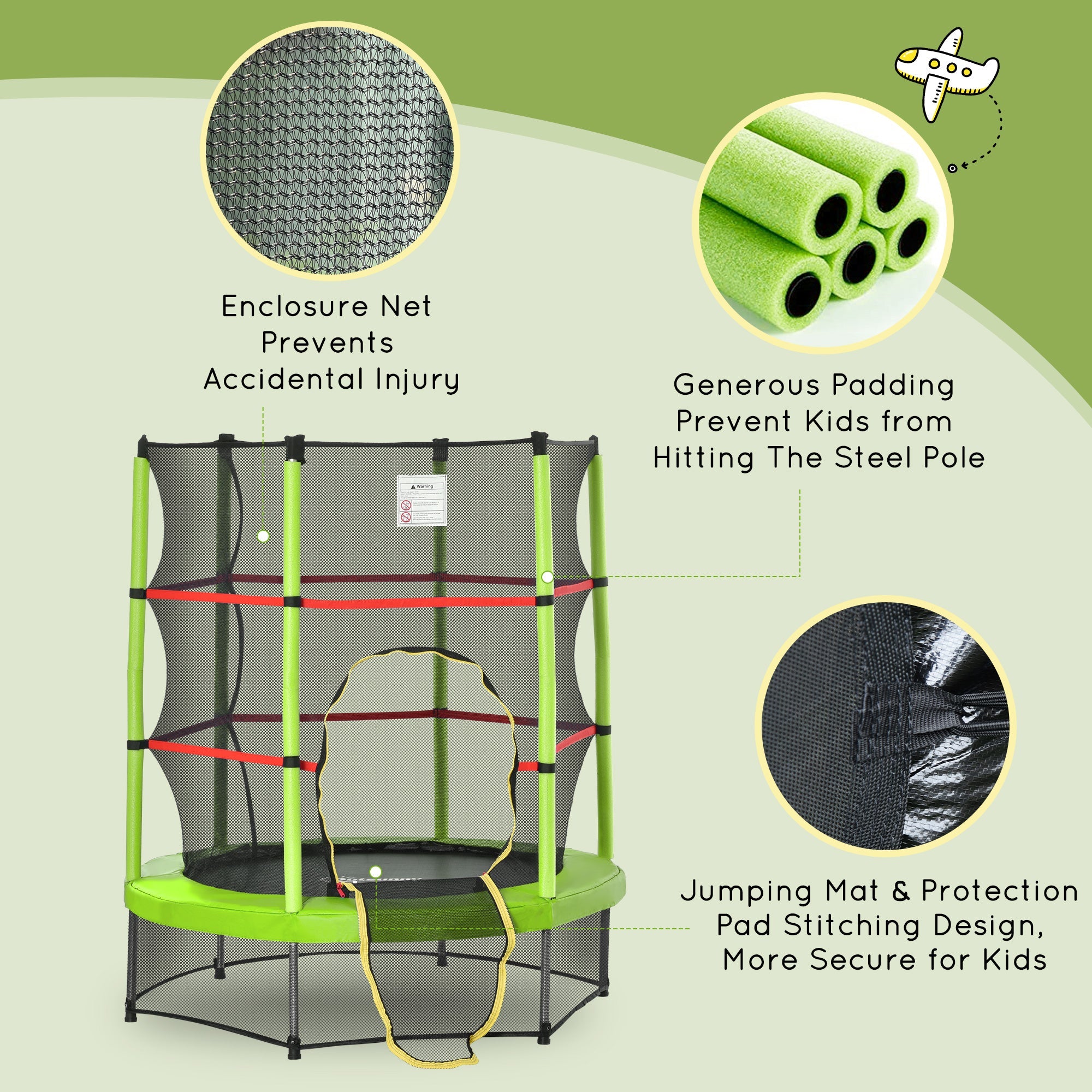 Outsunny Kids Trampoline: Φ55" Round, Safety Net, Indoor Bouncer, 3-6 Years, Steel Frame, Green