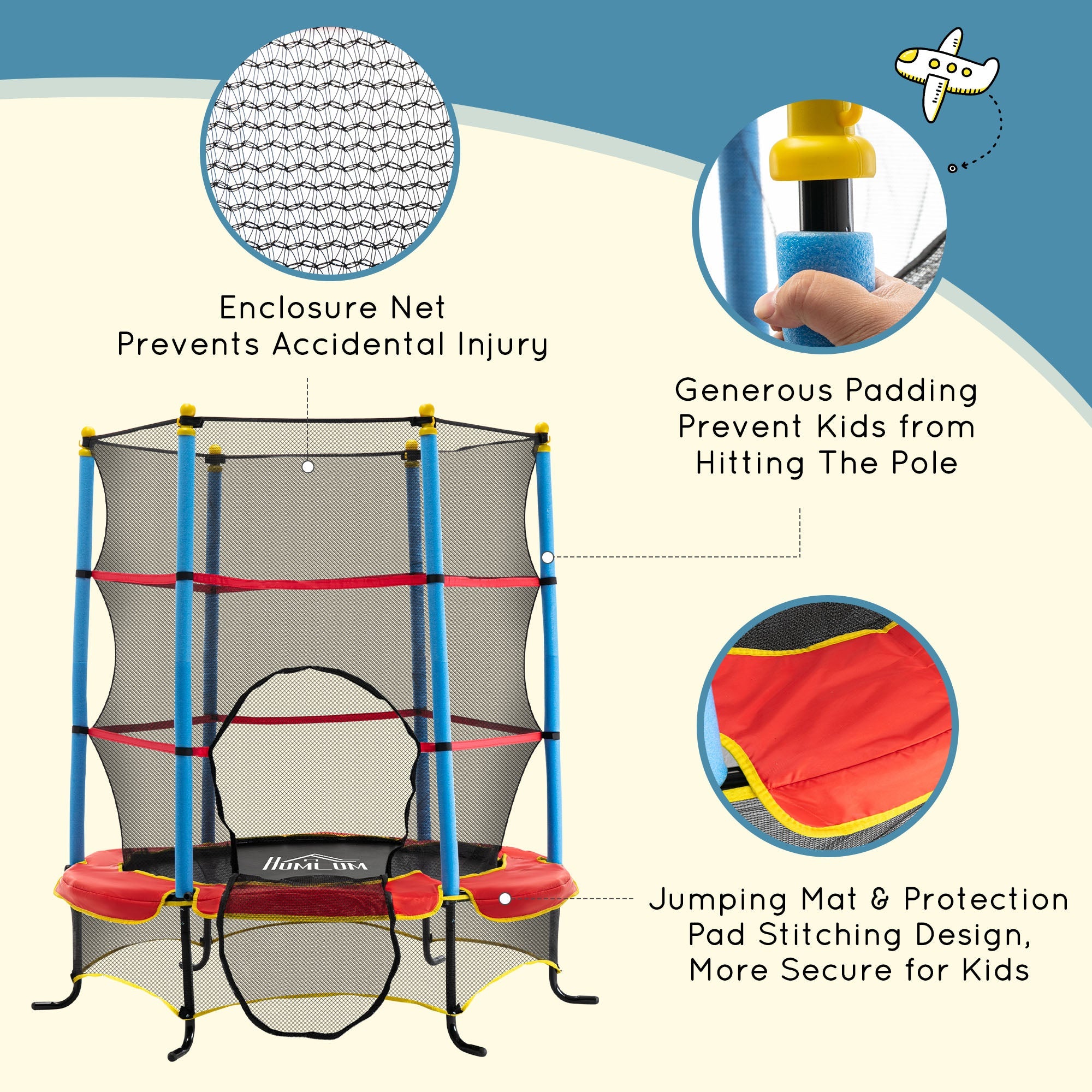 Qaba 65" Kids Mini Trampoline Safety Enclosure Net Zipper Pad Indoor Outdoor Bouncer Exercise Toy 3-6 Years