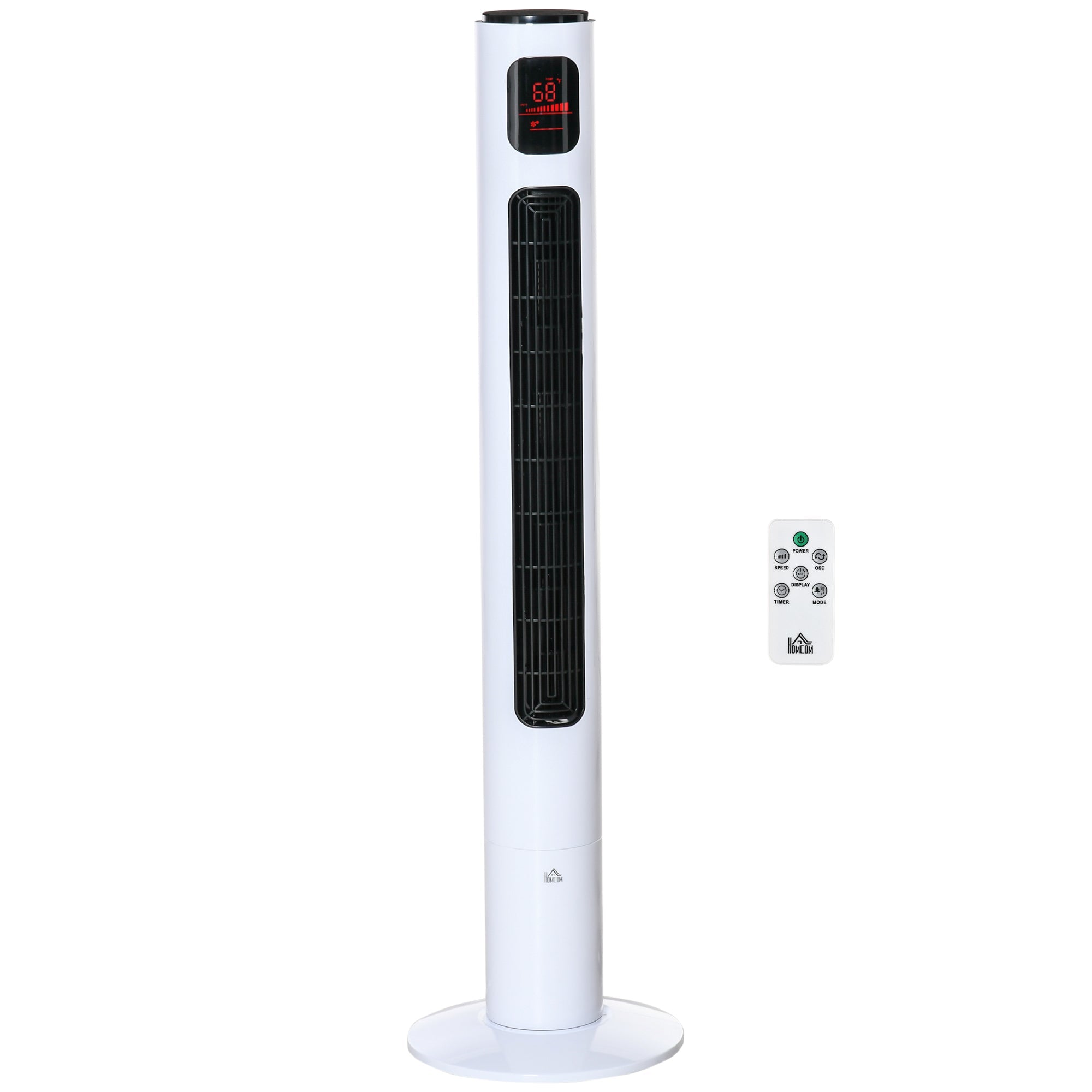 HOMCOM Oscillating Tower Fan Standup Cooling 3 Speed 12h Timer LED Remote White for Efficient Air Circulation