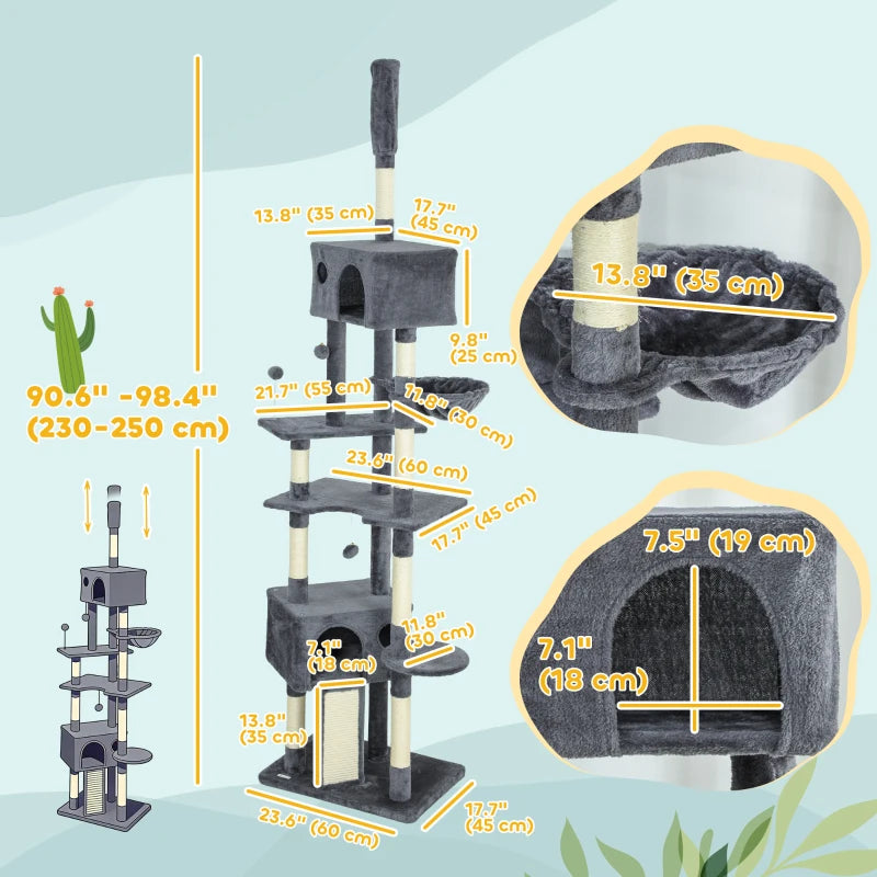 91"-98" Floor to Ceiling Cat Tree with 2 Condos, Hammock and Sisal Scratching Posts, for Indoor, Dark Grey