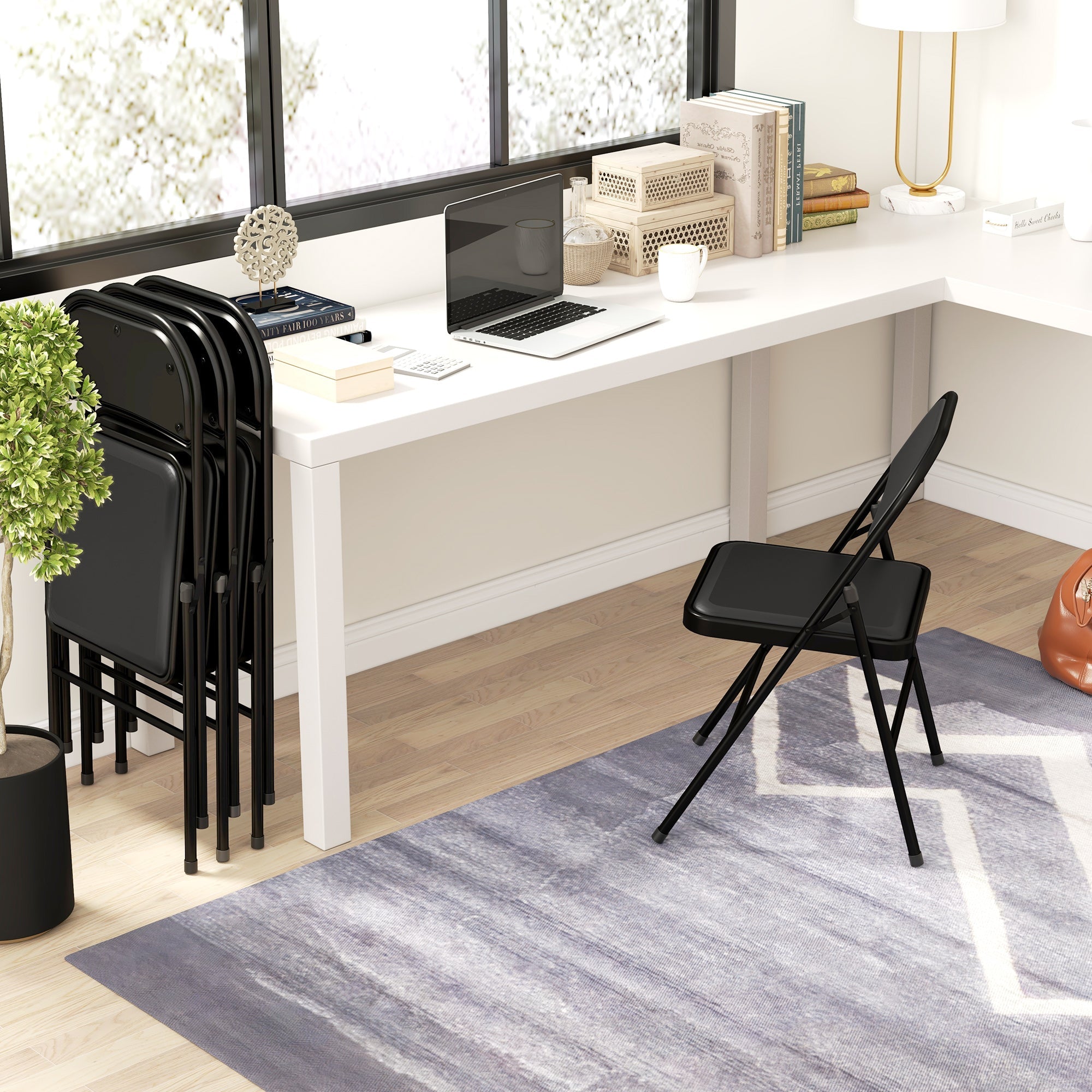 HOMCOM Set of 4 Metal Foldable Chairs, PU Leather Padded Folding Chairs with Cushion Seat and Open Back for Indoor, Black