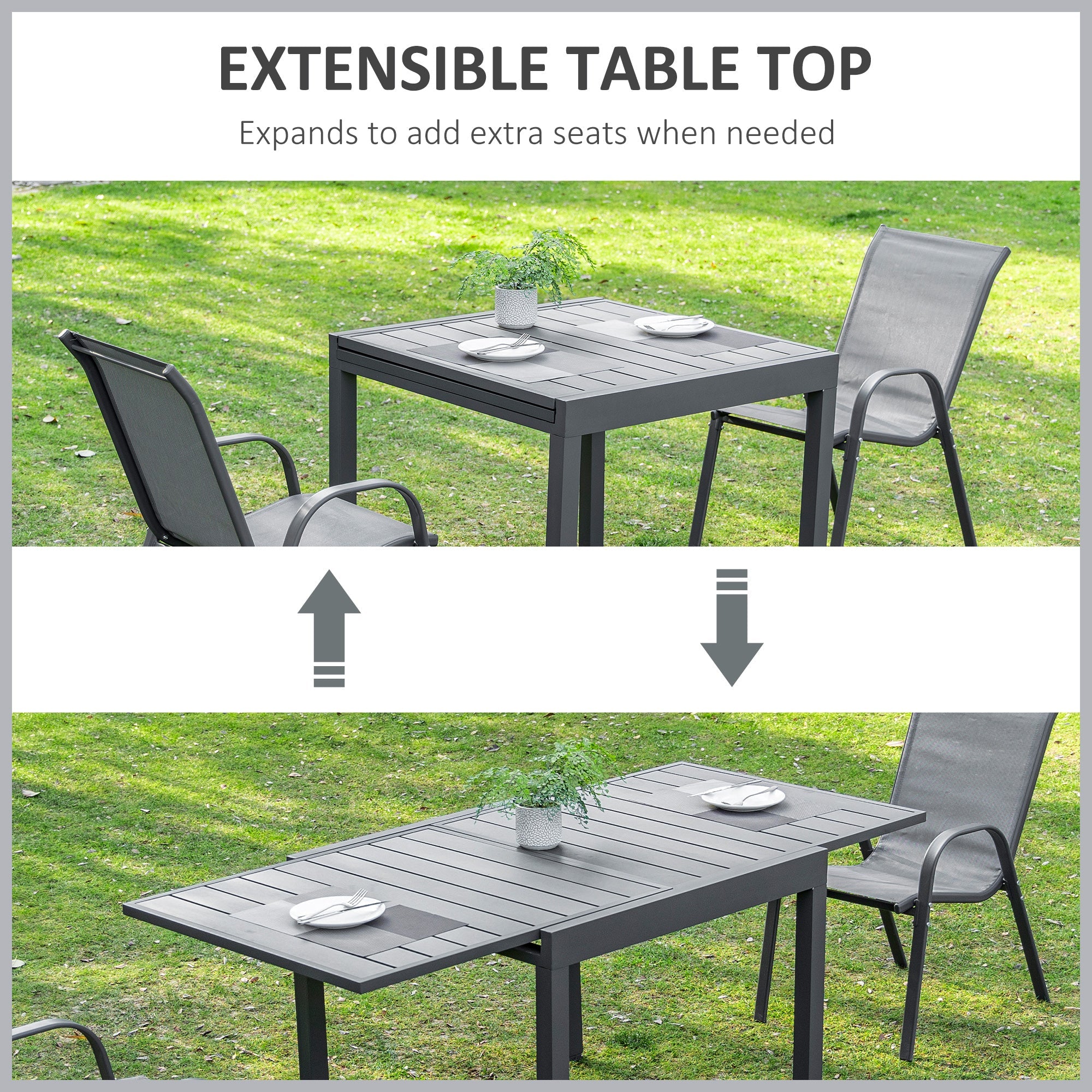 Outsunny Expandable Dining Table Metal Outdoor Slat Table for 4-6 Person Rectangular Garden Bistro Patio Table, Grey