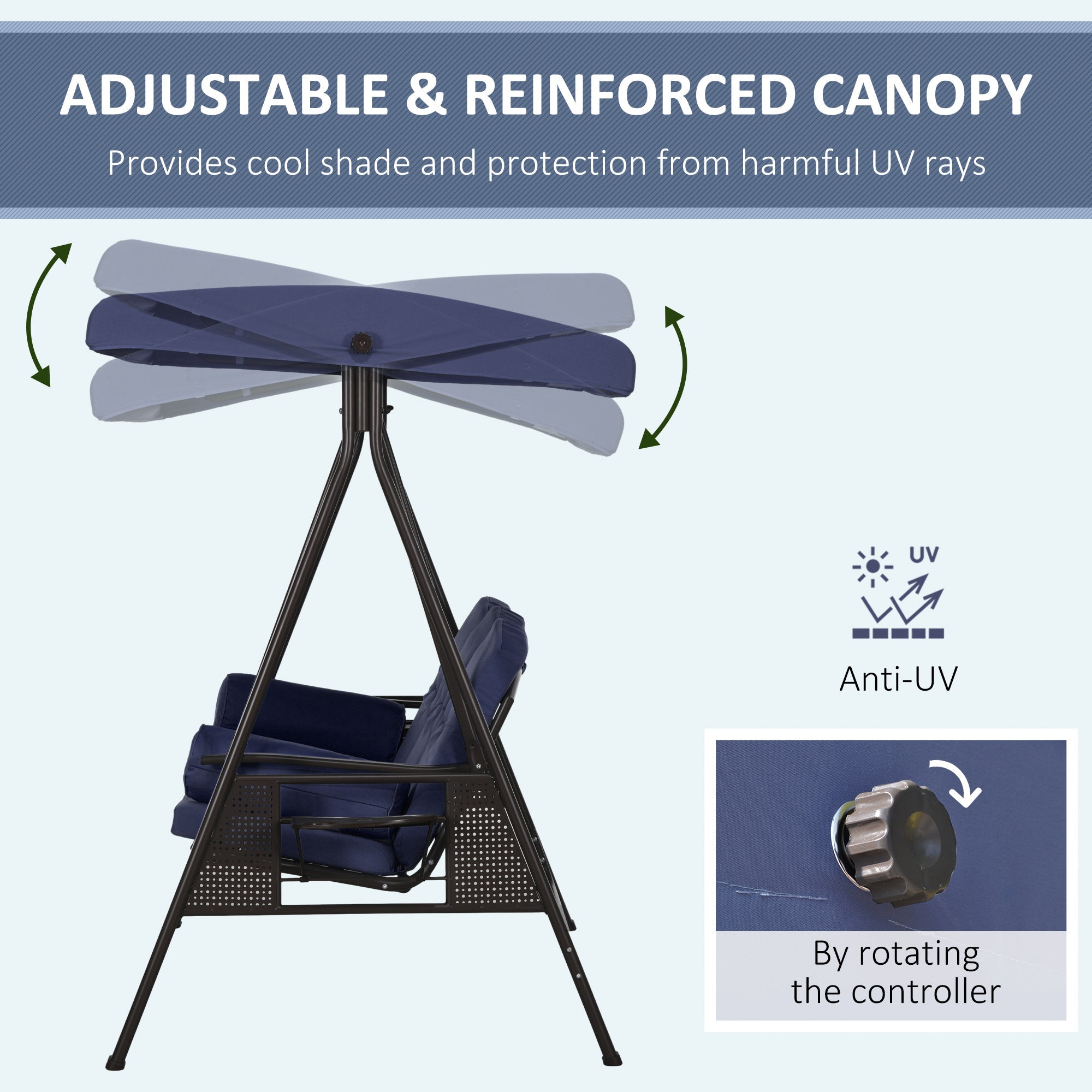 Outsunny Outdoor Patio 3-Person Steel Canopy Cushioned Seat Bench Swing with Included Side Trays & Padded Comfort, Dark Blue