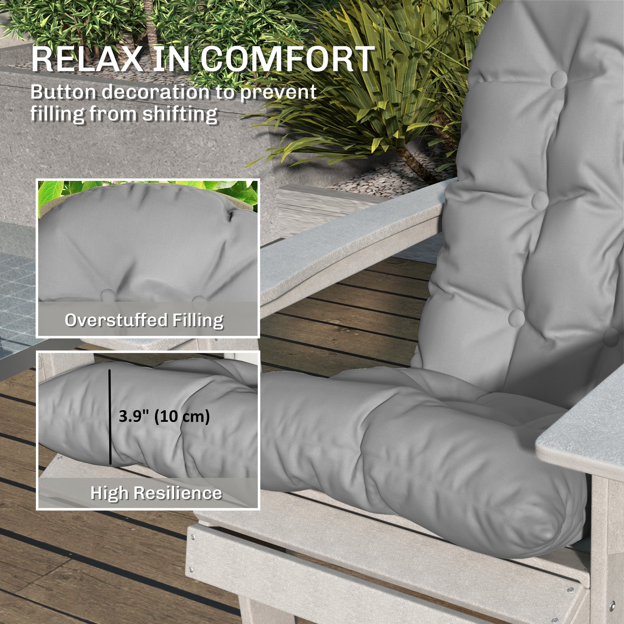 Outsunny Adirondack Chair Cushions Set of 2 with Ties, Light Grey