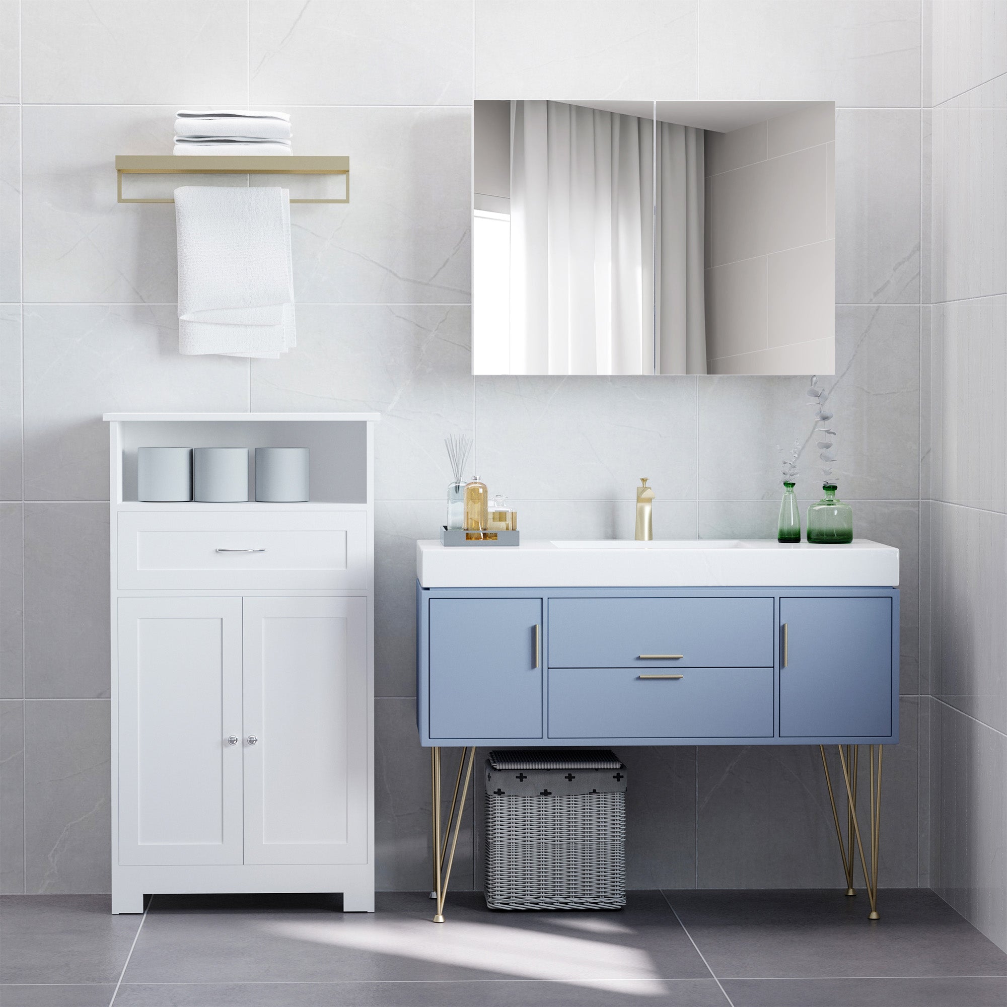 HOMCOM Wall-Mounted Bathroom Cabinet: Double Doors with Mirror, Adjustable Shelf for Storage Organization, White Finish