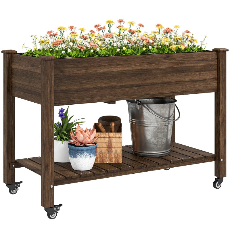 Mobile Raised Garden Bed Elevated Wood Planter Box with Lockable Wheels, Storage Shelf for Herbs Vegetables, Carbonized