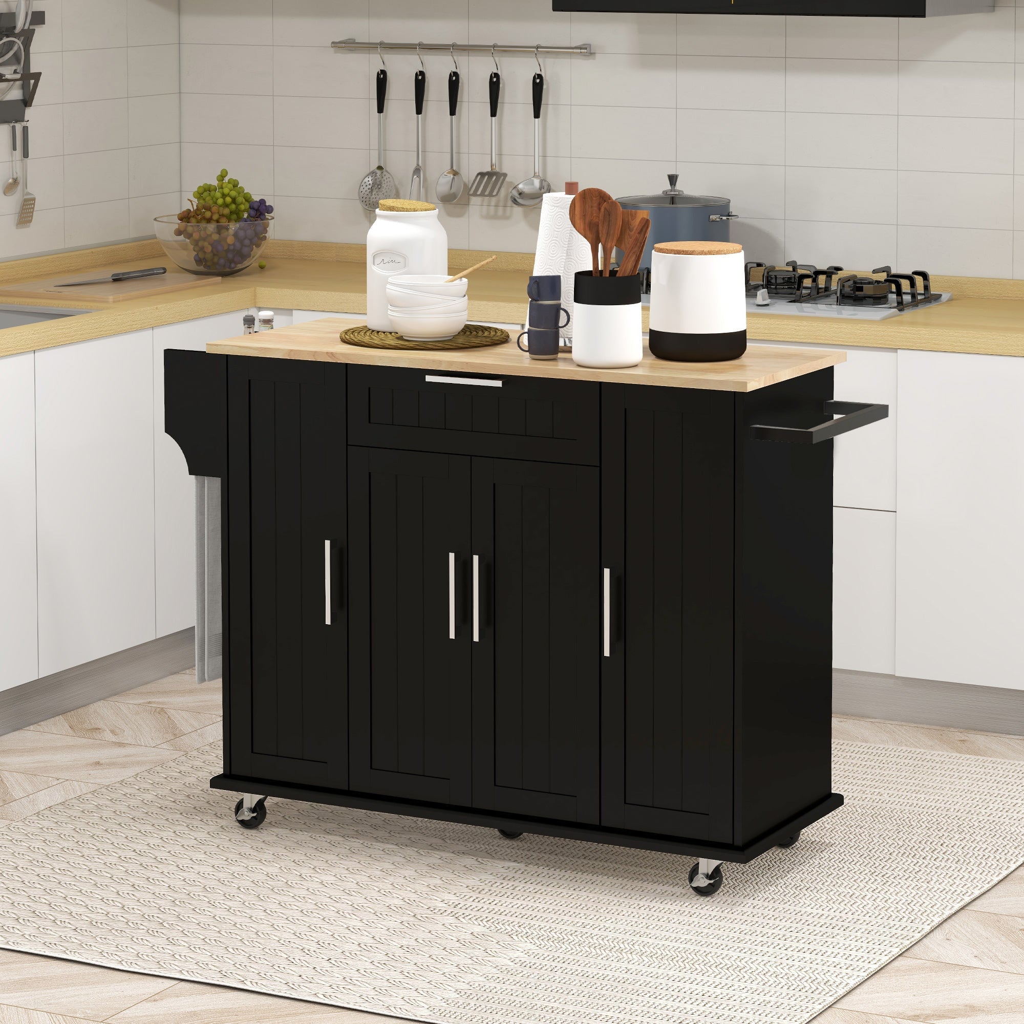 HOMCOM Modern Rolling Kitchen Island Cart with Drawers, Natural Wood Top, Towel Rack, Door Storage Cabinet, Black