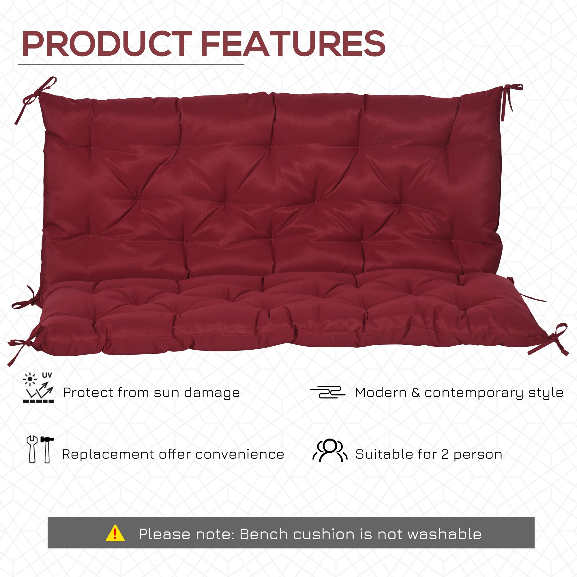 Outsunny Outdoor 2 Seater Bench Cushion 4.7 Inch Thick with Backrest Non Slip Patio Soft Pad Wine Red