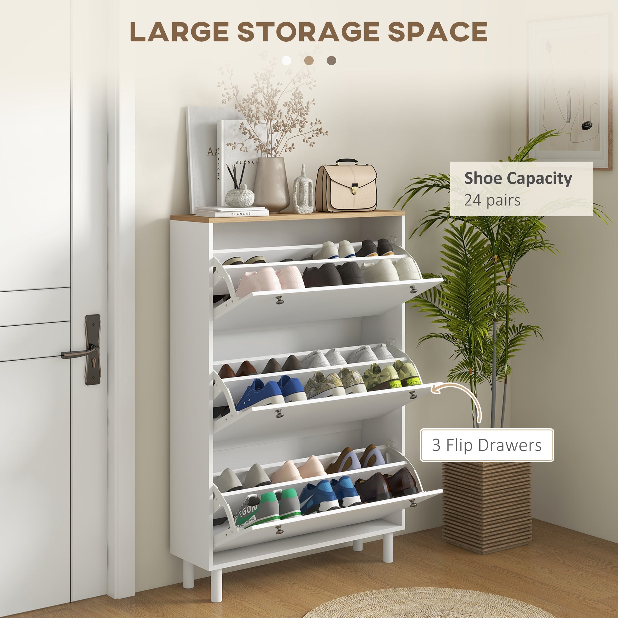 HOMCOM Narrow Shoe Storage Cabinet 3 Flip Drawers Adjustable Shelves Organizer for 24 Pairs White