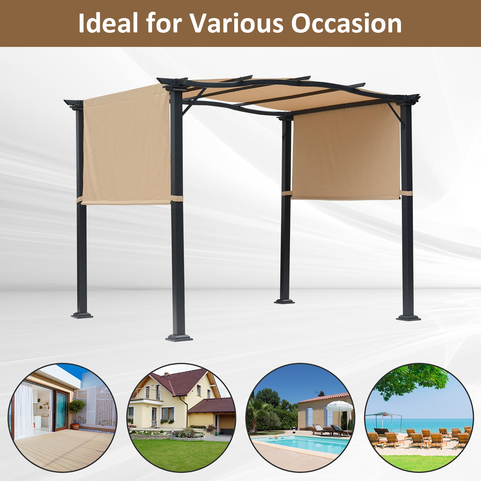 Outsunny Gazebo 8x10ft Outdoor Retractable Pergola Canopy Tent Adjustable Side Sun Shade Khaki