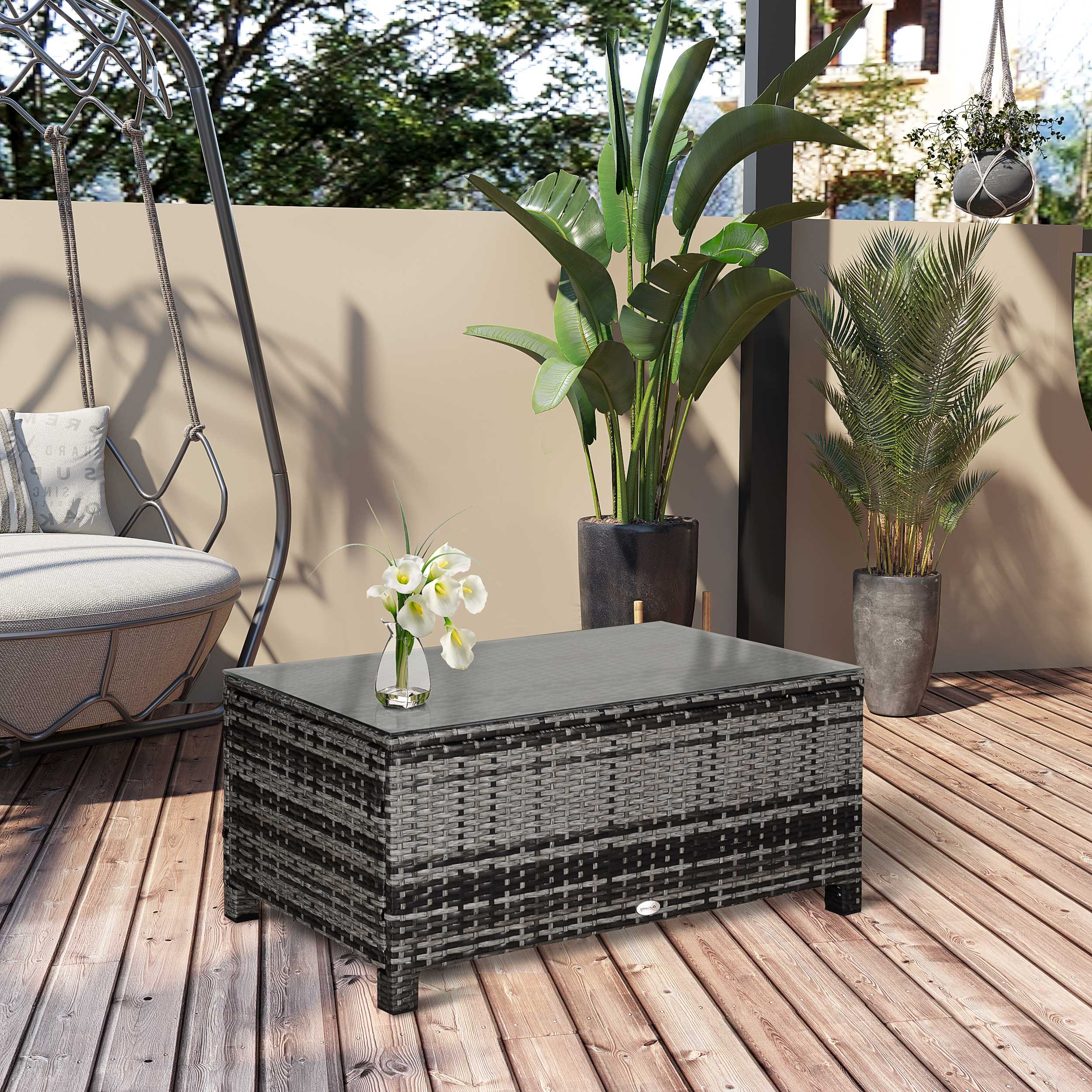 Outsunny Patio Side Table Outdoor Garden PE Rattan Wicker with Glass Top Balcony Furniture Mixed Grey