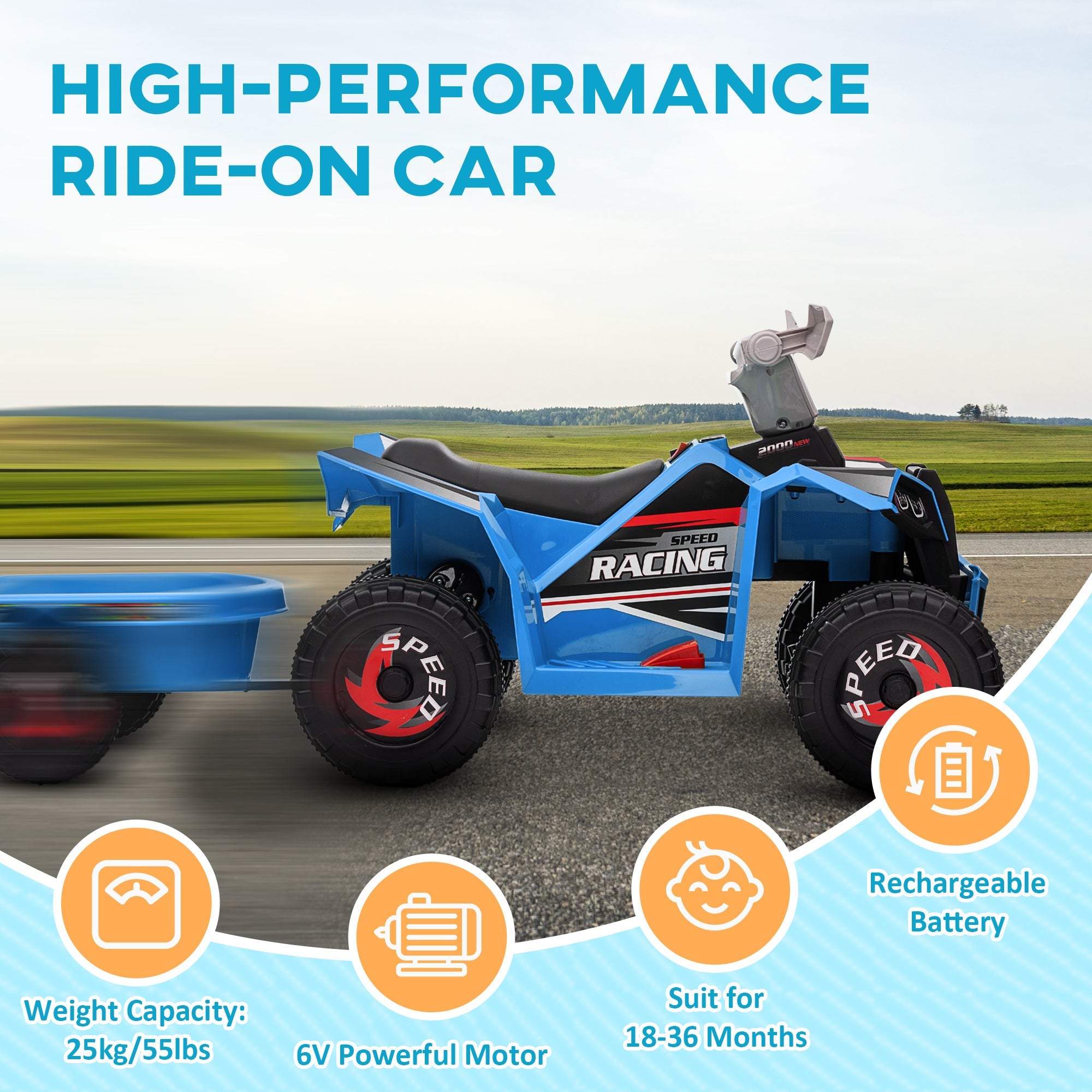 Aosom 6V Kids ATV Quad Battery Powered Electric Vehicle Back Trailer Wear-resistant Wheels Boys Girls Blue Toy