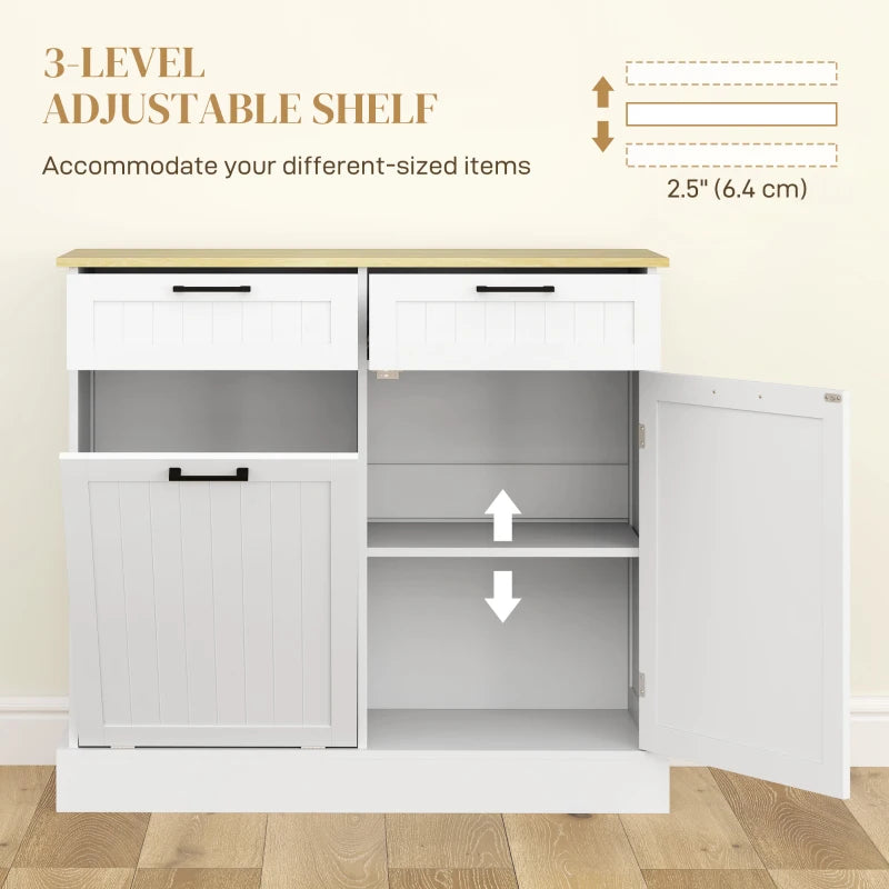 Hidden Garbage Bin Cabinet, Tilt Out Trash Cabinet w/ 2 Drawers, Freestanding Kitchen Island for Laundry, White
