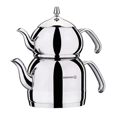Korkmaz Efendi 1.1 Liter Tea Pot and 2.4 Liter Kettle Set in Silver - Free Shipping