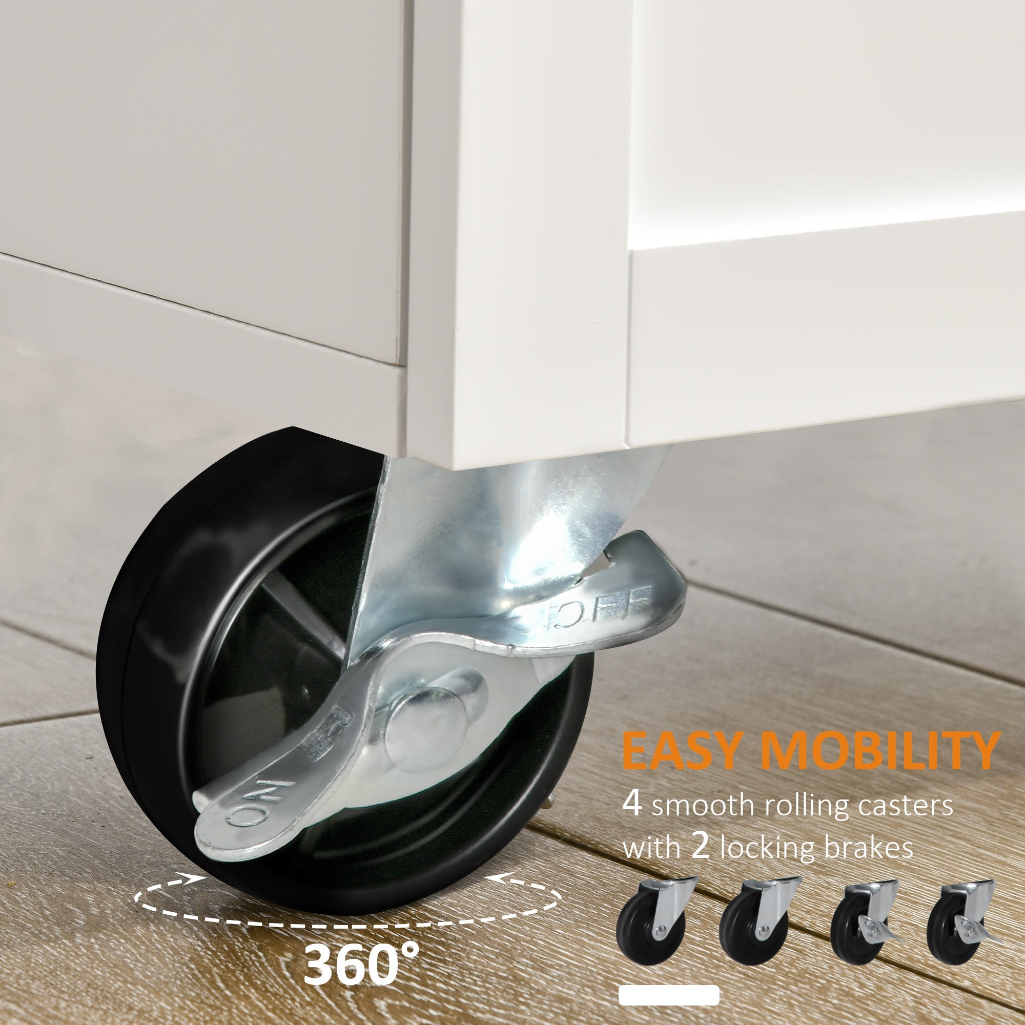 HOMCOM Rolling Kitchen Island: Large Bamboo Top, 2 Cabinets with Drawers & Adjustable Shelves, White