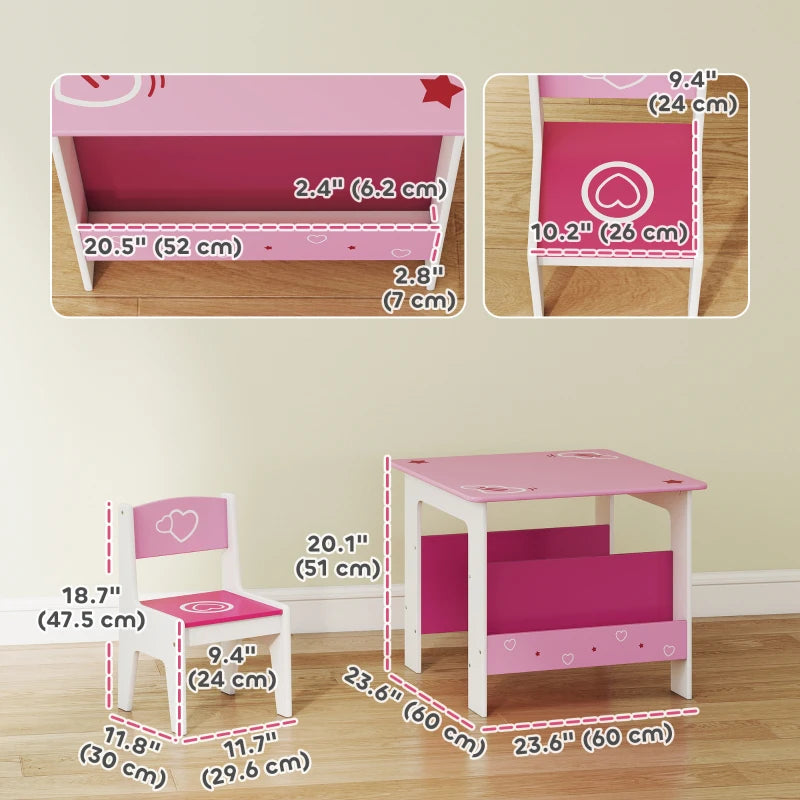 Qaba 3 Pieces Kids Table and Chair Set with Bookshelves, for Classroom, Home, Nursery, Playroom, for Read, Draw, Art, Pink