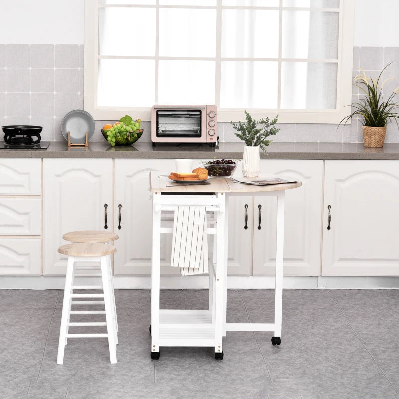 Kitchen Trolley 3 Piece Kitchen Cart Set Drop Leaf Breakfast Table and 2 Stools w/ Rolling Wheels & Towel Bars, Wood & White