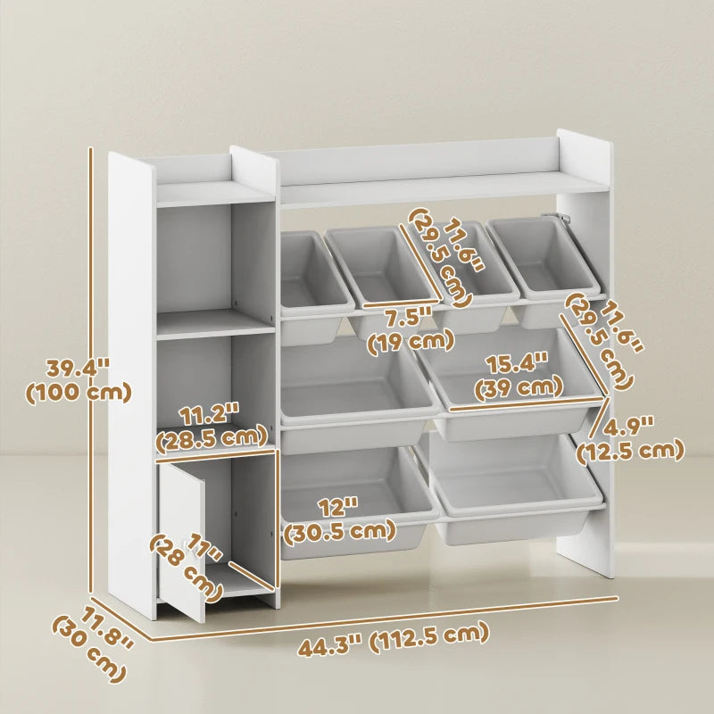 Qaba Kids Bookshelf and Toy Storage Organizer, Children Bookcase with 8 Removable Bins, Cabinet for Playroom, Kids Room, Nursery, White