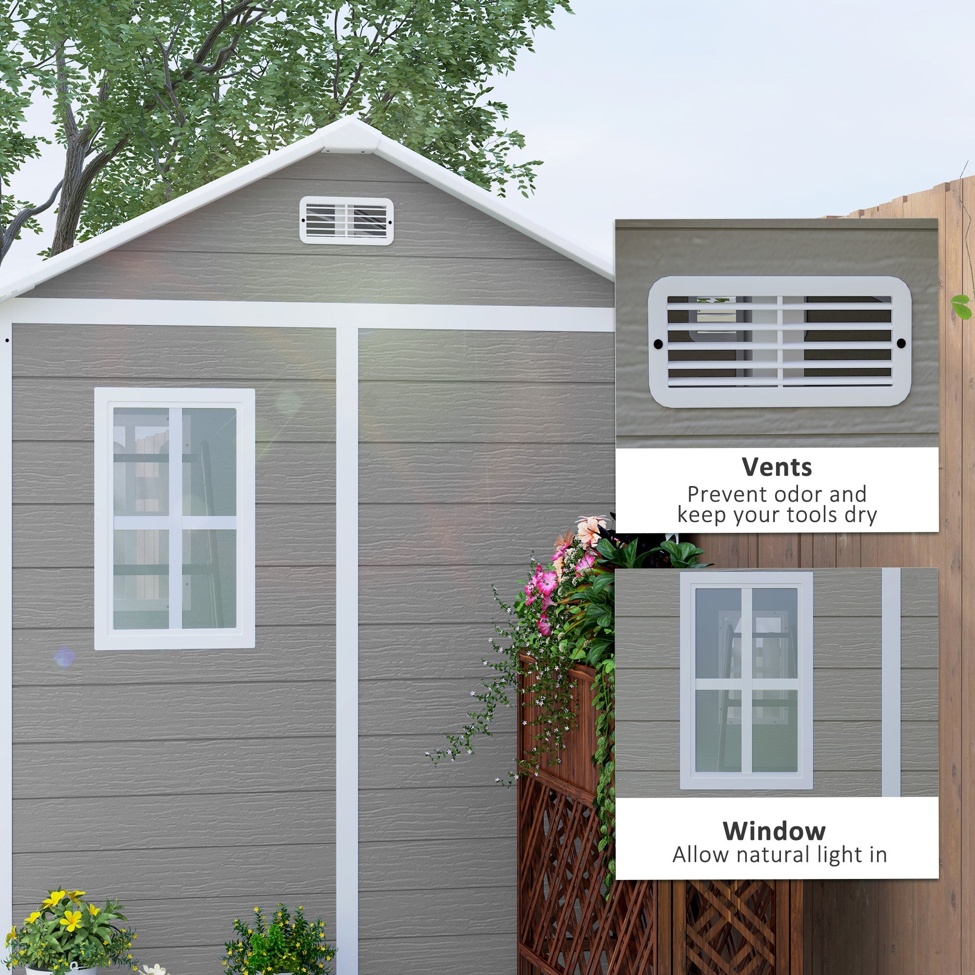 Outsunny 6' x 6' Resin Outdoor Storage Shed with Floor, Window, Lockable Doors and Vents for Backyard Patio Lawn, Grey