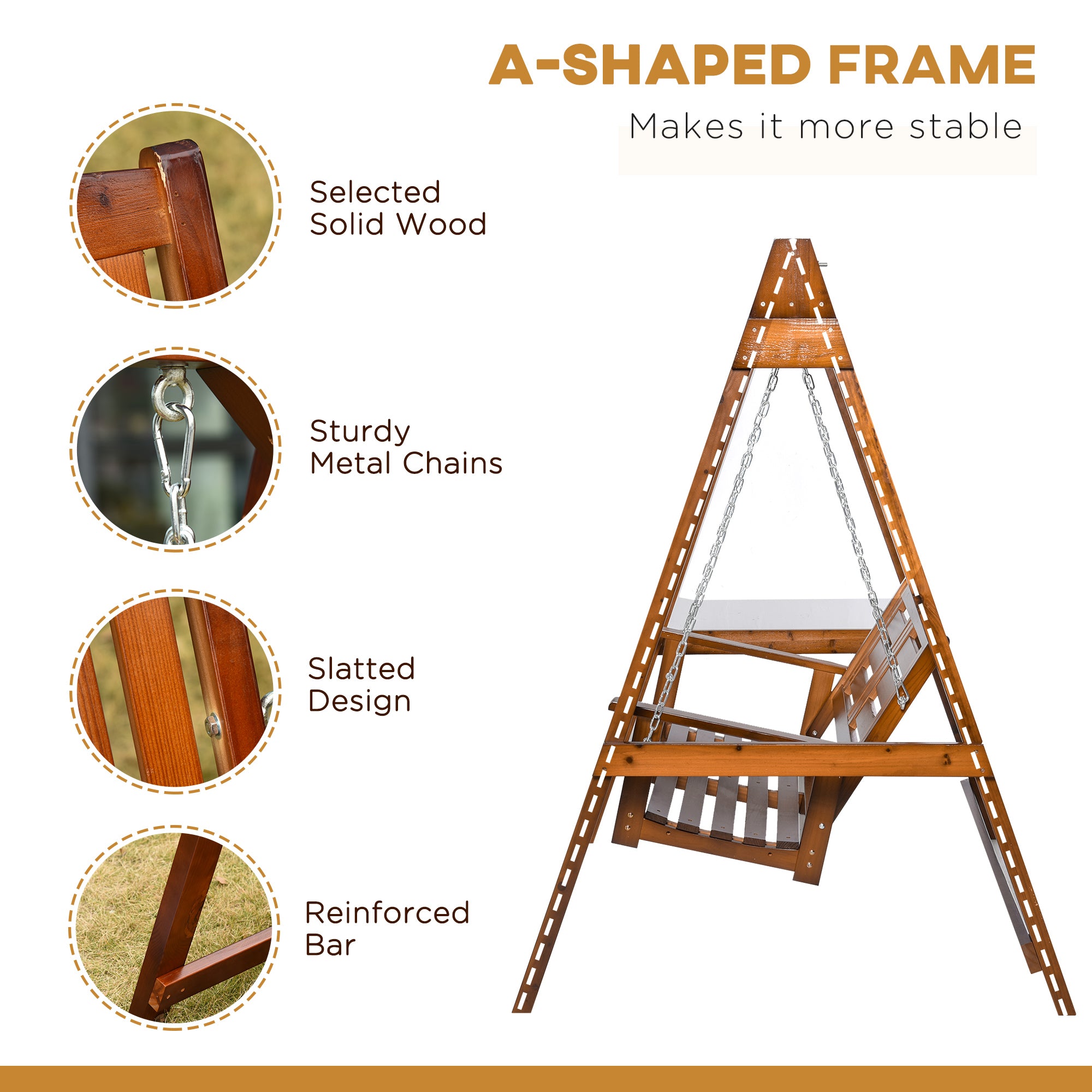 Outsunny 2 Seater Wooden Patio Swing with Stand Adjustable Chains for Garden Poolside Backyard