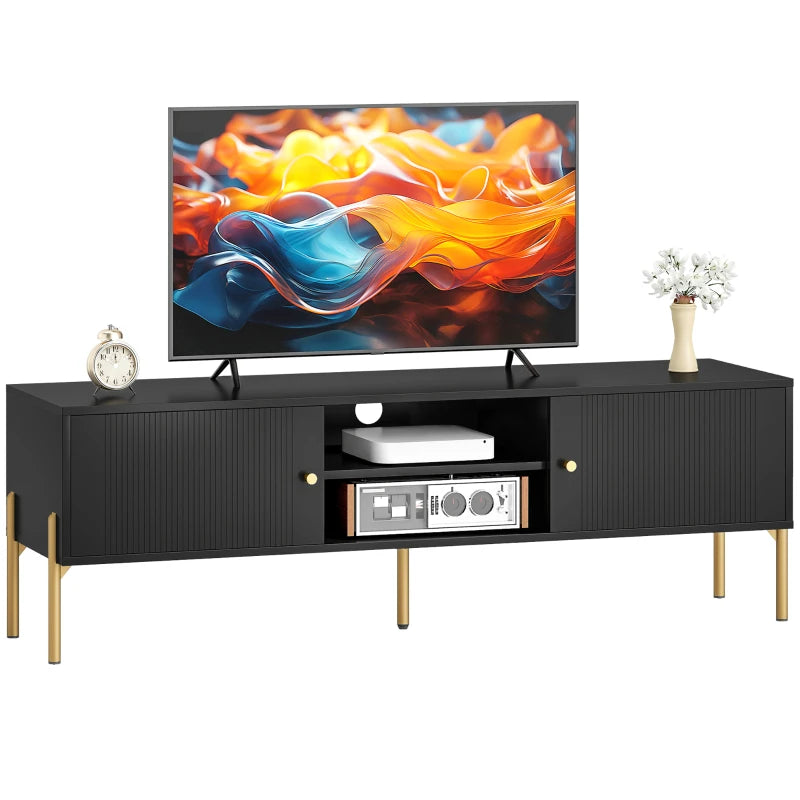 TV Stand for TVs up to 65", Entertainment Center with 2 Open Shelves, 2 Cabinets and Steel Legs for Living Room, Black