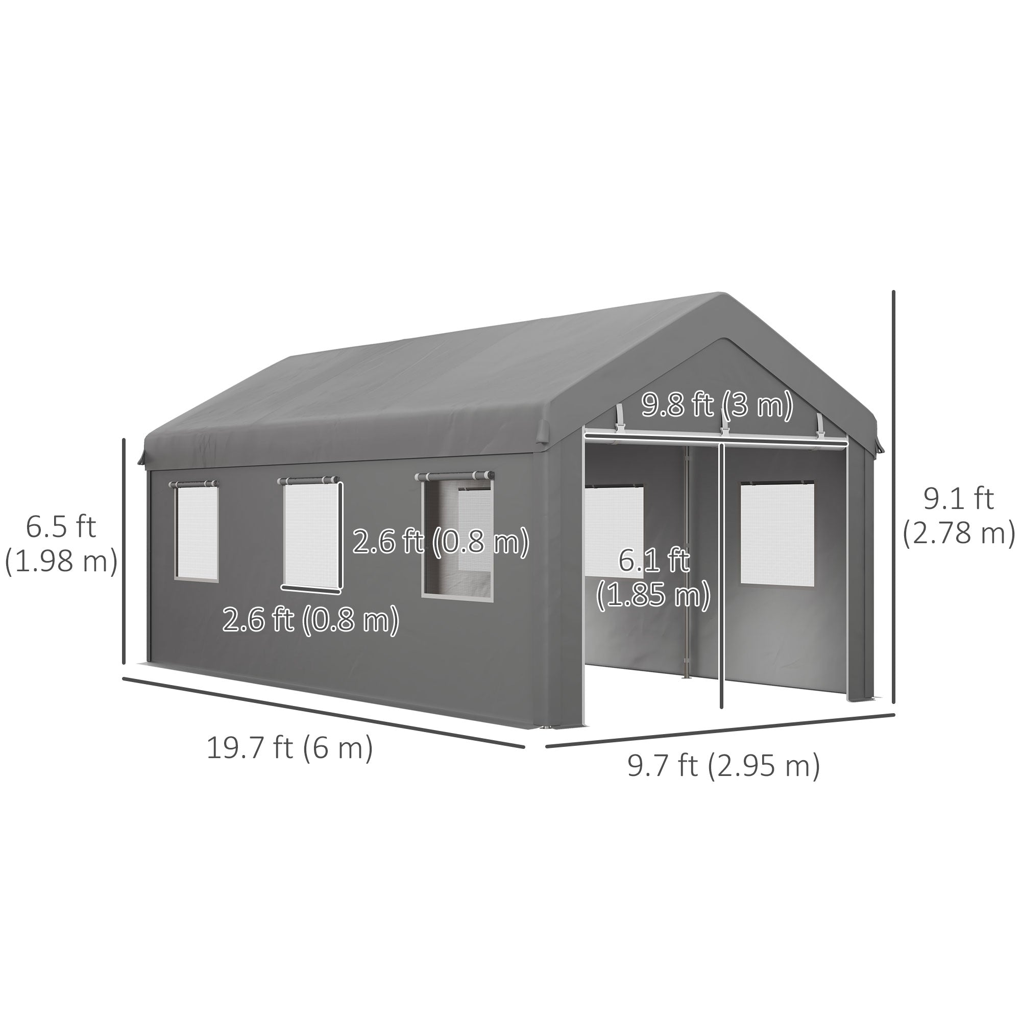 Outsunny Portable Carport 10'x20' Heavy Duty Garage Shelter with Mesh Windows Doors Grey