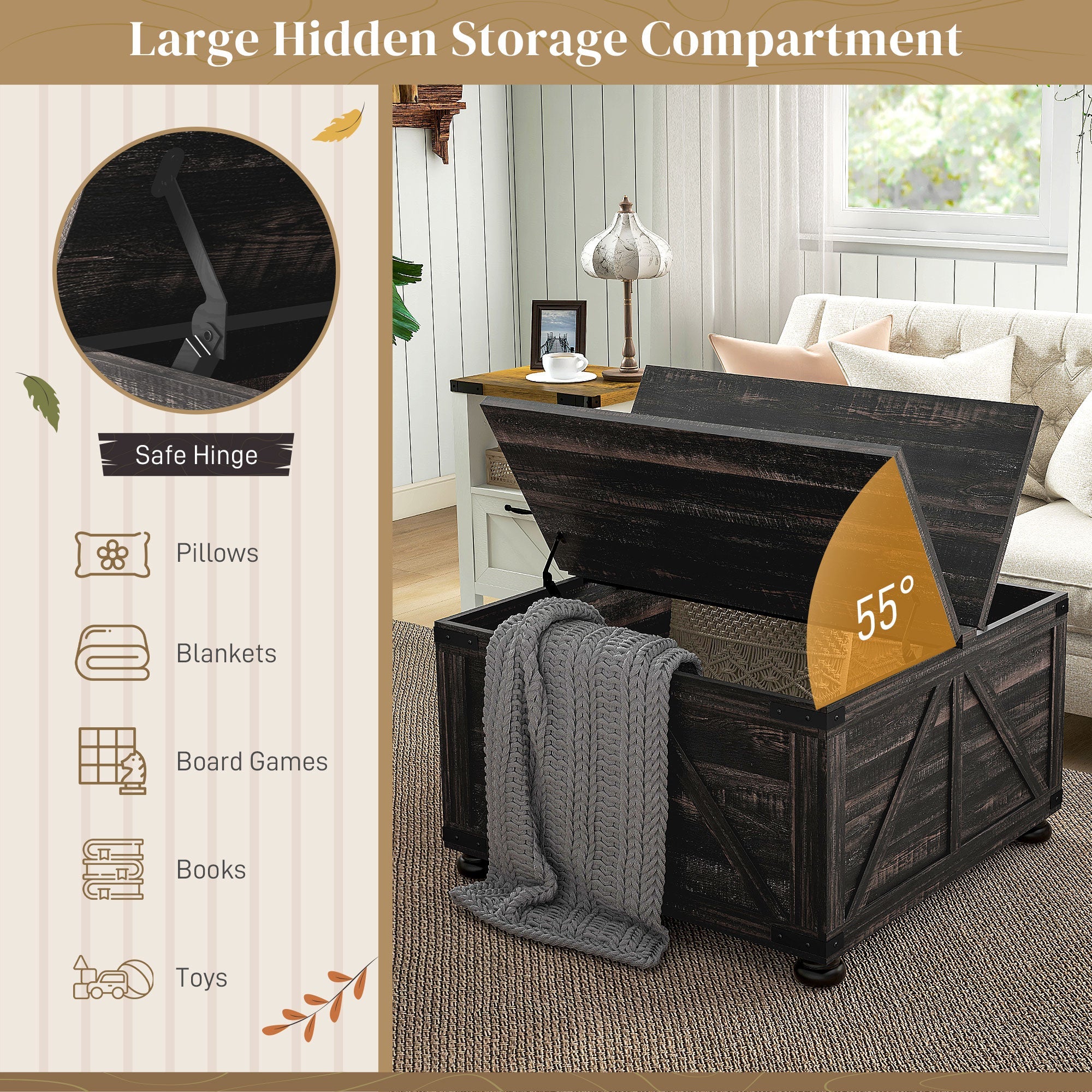 HOMCOM Farmhouse Coffee Table, Square Center Table with Flip-top Lids, Hidden Storage Compartment and Wooden Legs, Distressed Brown