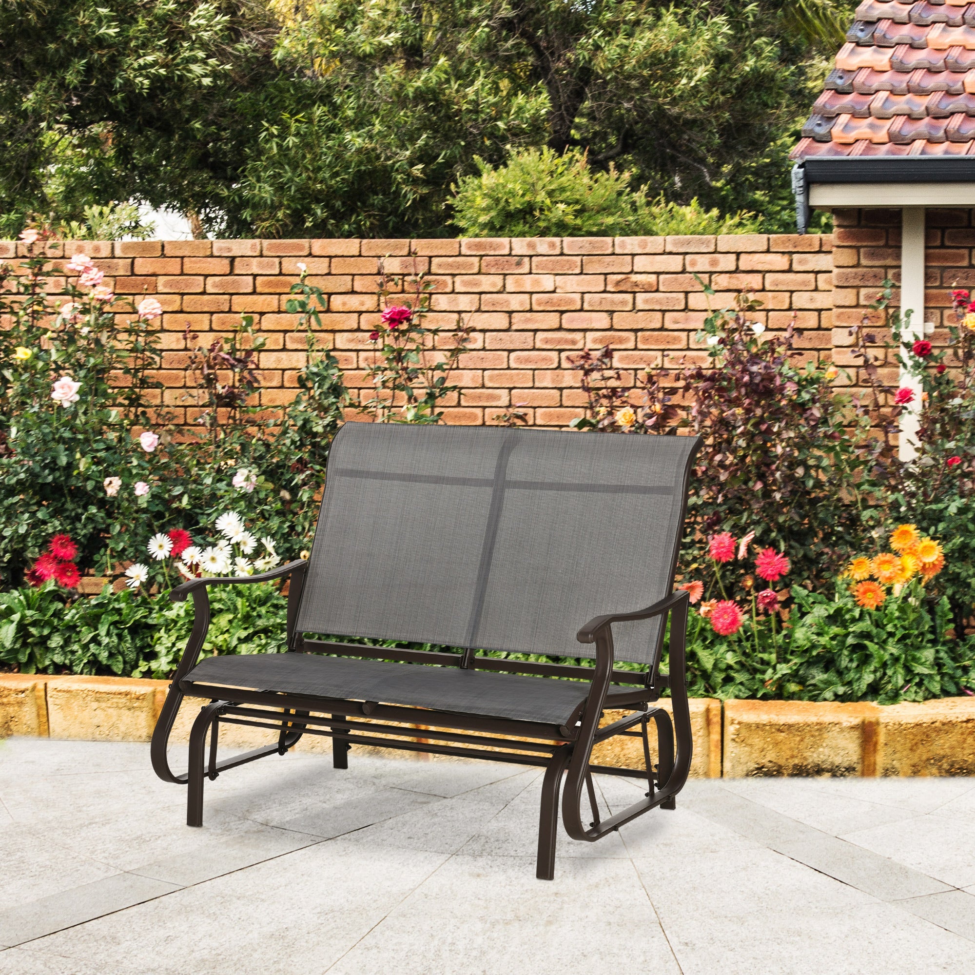 Outsunny Patio Glider Chair Double Seat Outdoor Garden Gliding Bench Dark Grey Steel Frame Mesh Backrest