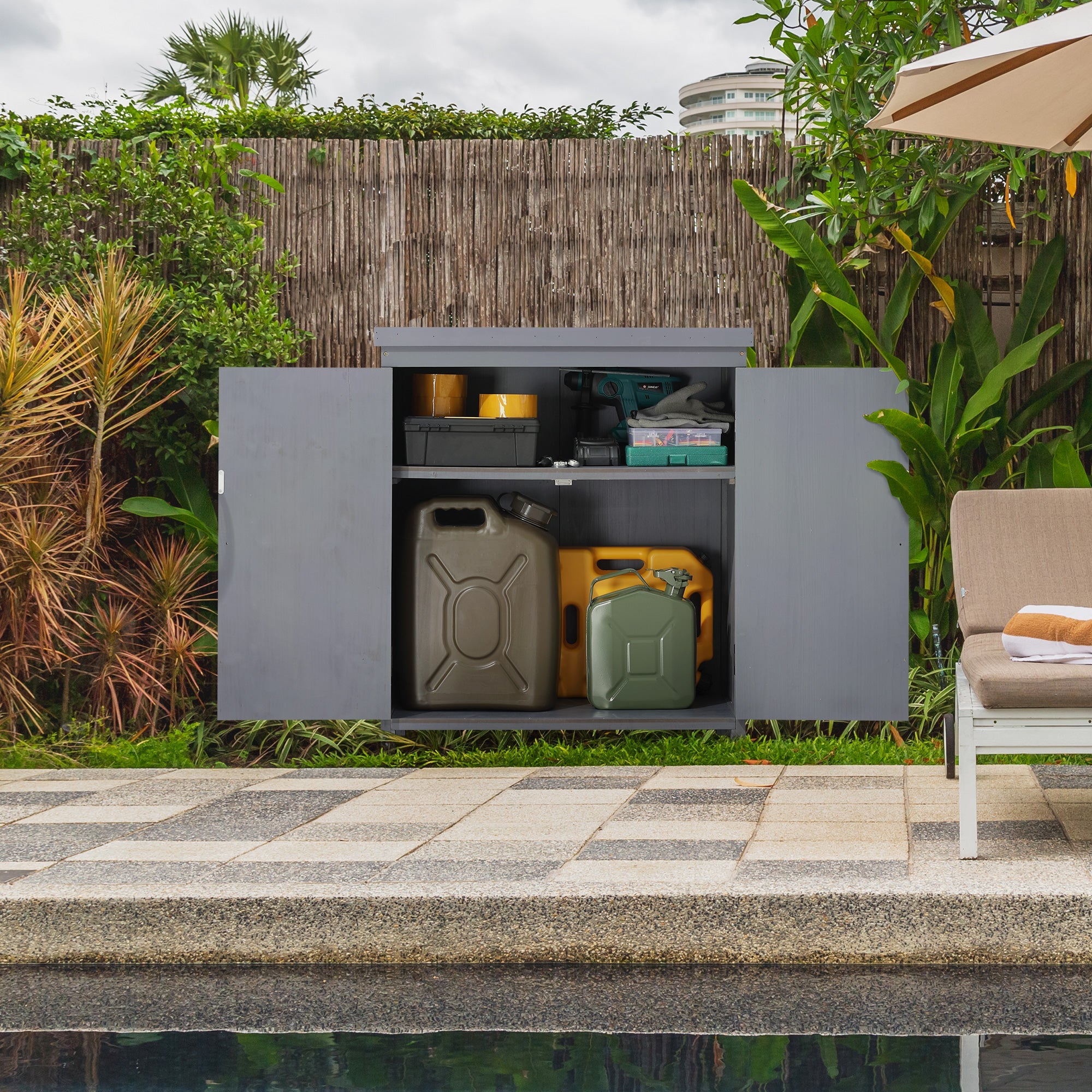 Outsunny Garden Storage Cabinet Outdoor Tool Shed Galvanized Top Two Shelves for Yard Pool Accessories Grey