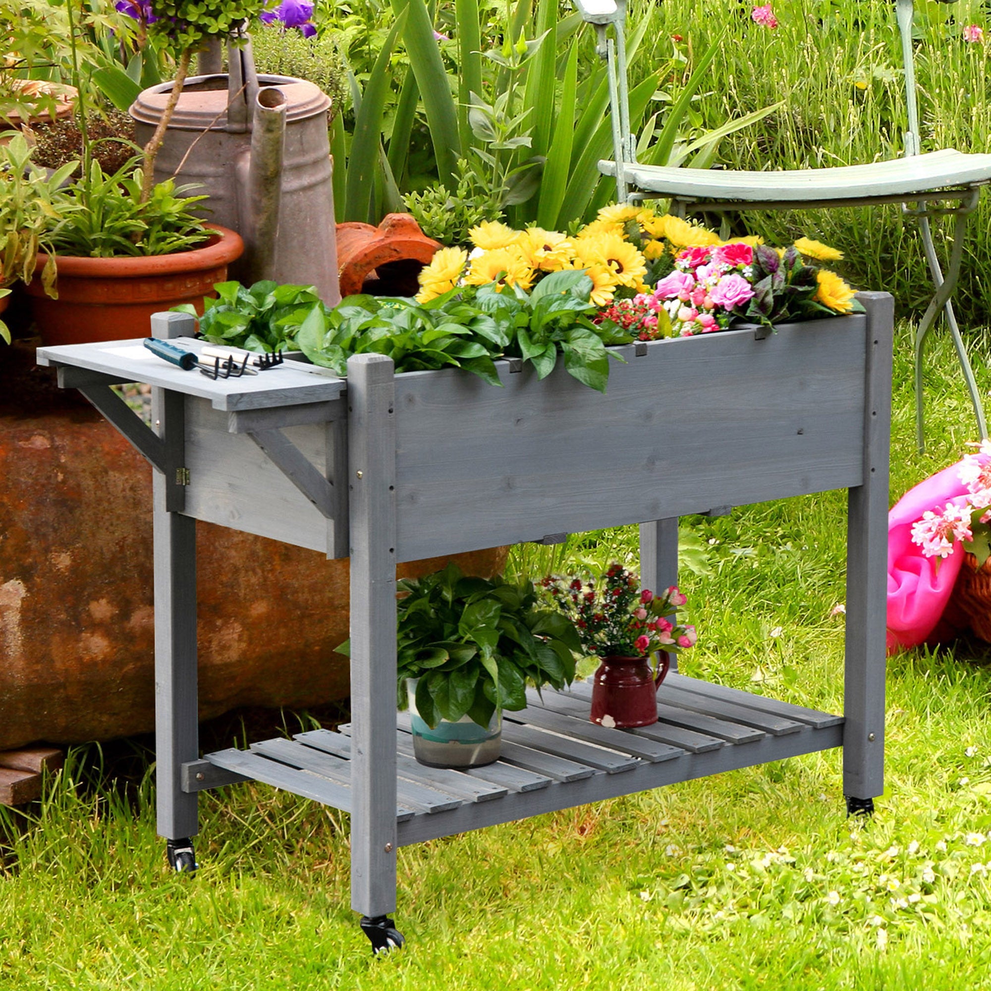 Outsunny 49"x21"x34" Elevated Planter Boxwith Legs Raised Garden Bed Portable Wooden Raised Garden Plant Stand, Grey
