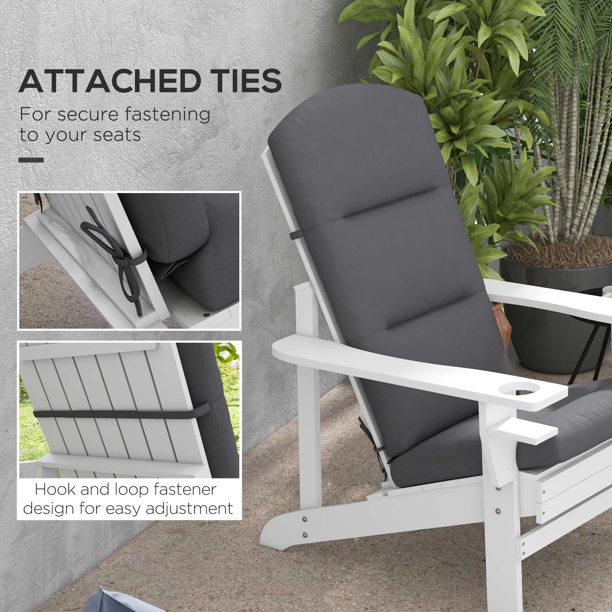 Outsunny Adirondack Patio Chair Cushion Replacement with Back and Ties Grey