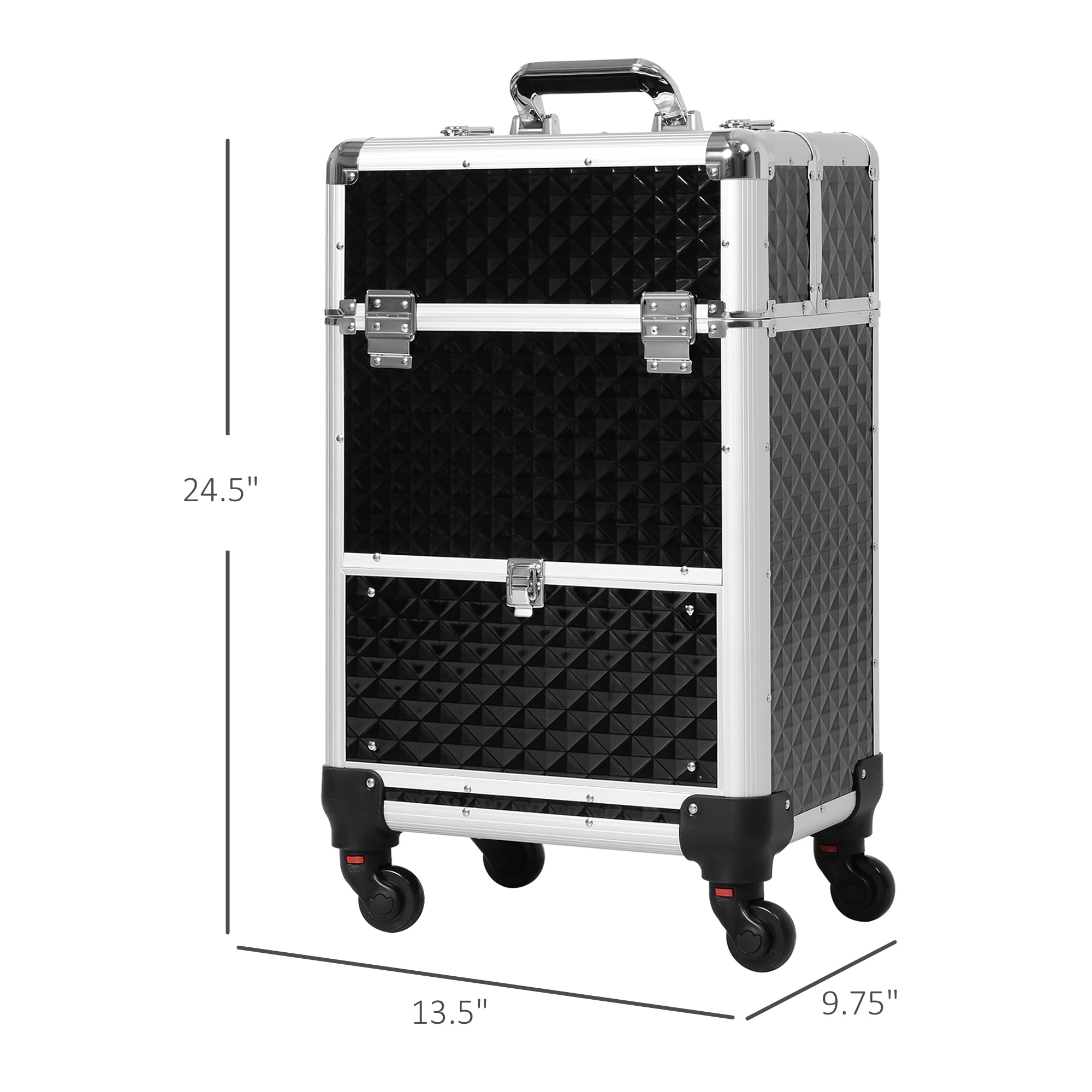 HOMCOM Portable Aluminum Makeup Train Case Rolling Cosmetic Organizer Trolley Salon Beauty Black with 4 Wheels