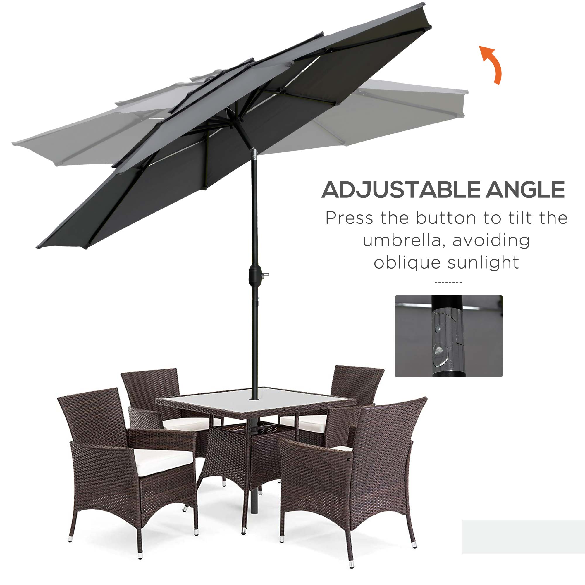 Outsunny 9FT 3-Tier Patio Umbrella: Outdoor Market Umbrella with Crank, Push Button Tilt for Deck & Lawn, Light Grey