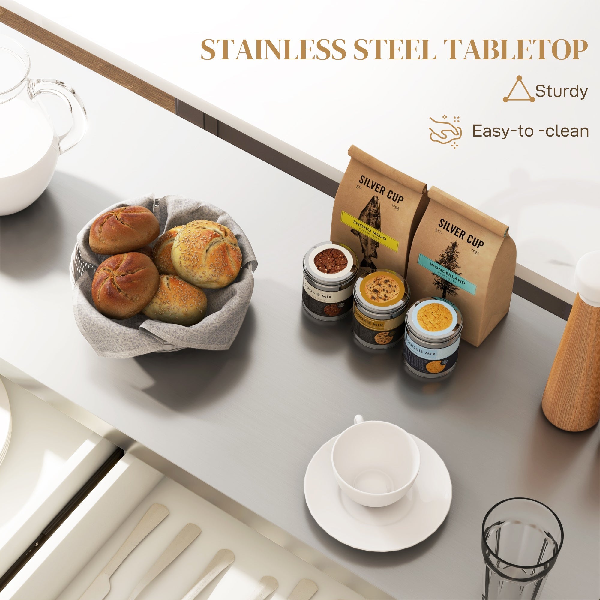 HOMCOM Rolling Kitchen Island with Storage and Stainless Steel Top, Kitchen Trolley with Drawers, Cabinets, Towel Rack, Cream